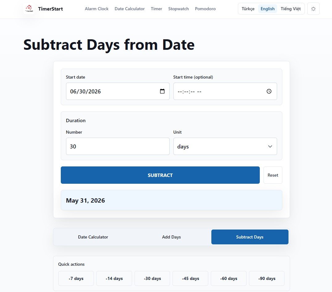 TimerStart Subtract Days tool showing June 30, 2026 minus 30 days result as May 31, 2026