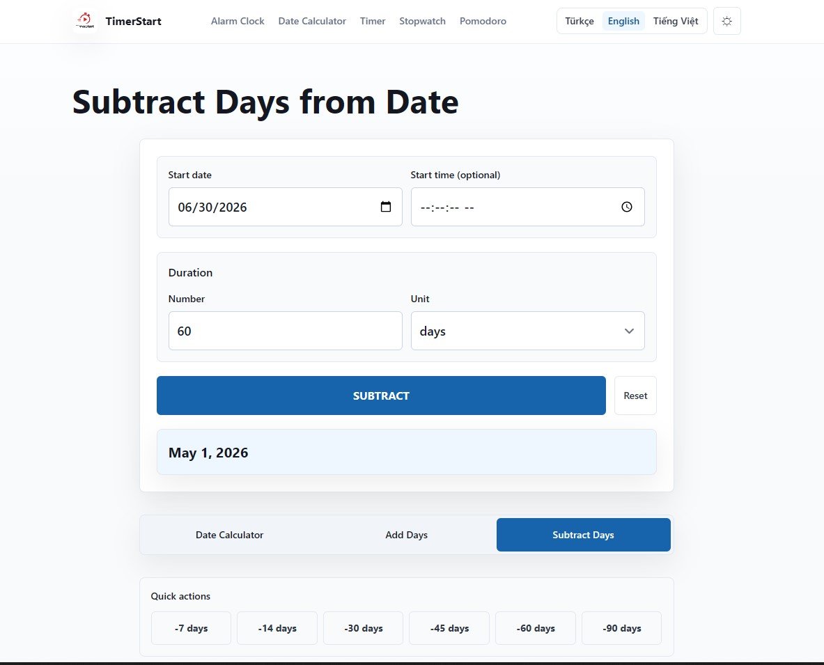 TimerStart Subtract Days tool showing June 30, 2026 minus 60 days result as May 1, 2026
