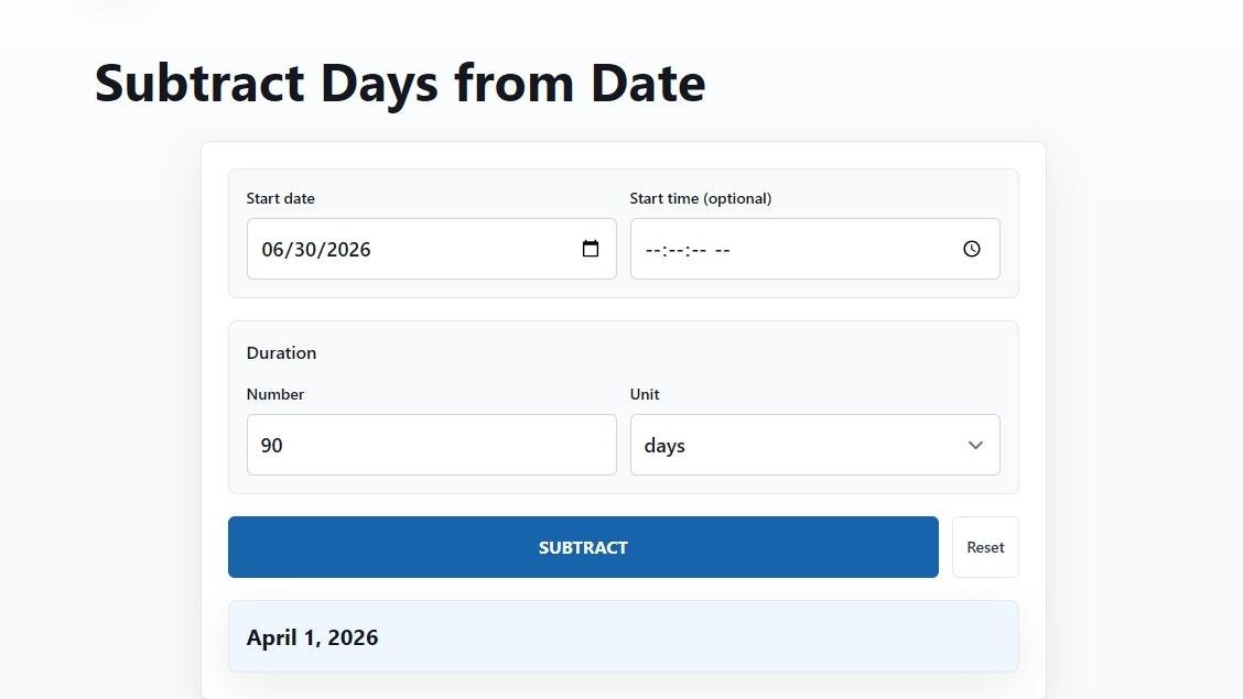 TimerStart Subtract Days calculator preview showing a 90 day past date result