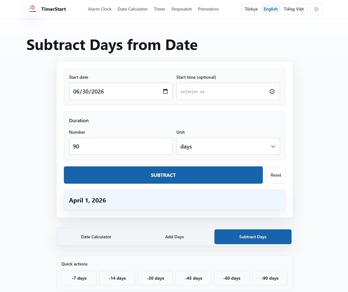 TimerStart Subtract Days tool showing June 30, 2026 minus 90 days result as April 1, 2026