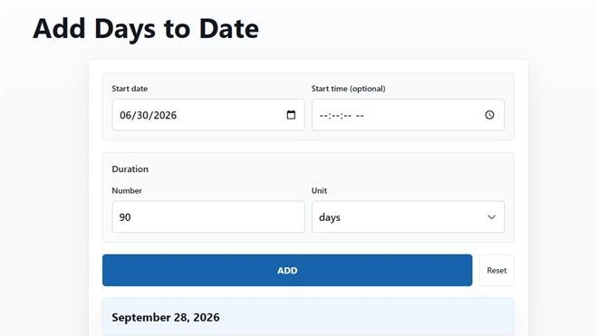 TimerStart Add Days calculator preview showing a 90 day future date result