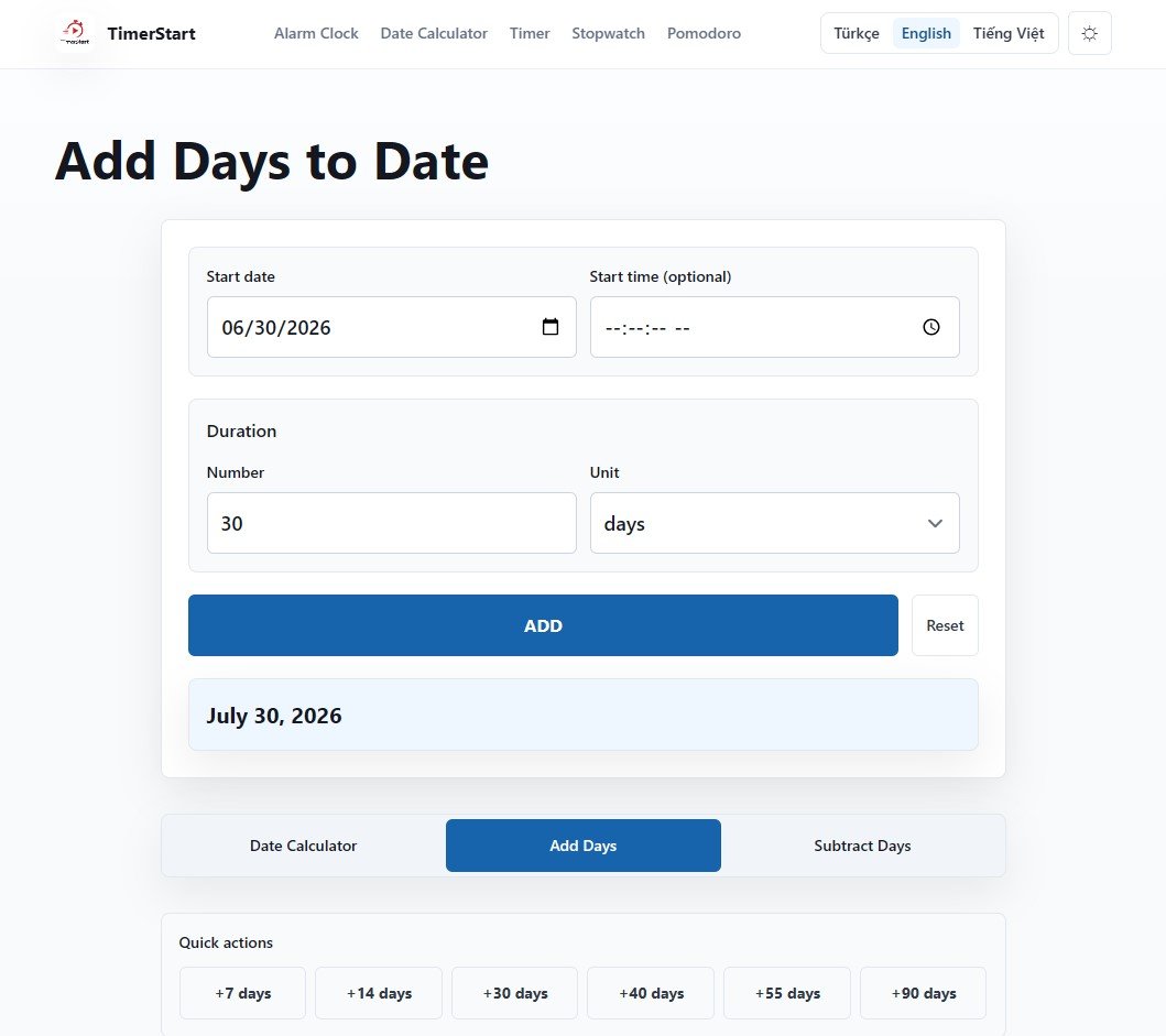 TimerStart Add Days tool showing June 30, 2026 plus 30 days result as July 30, 2026