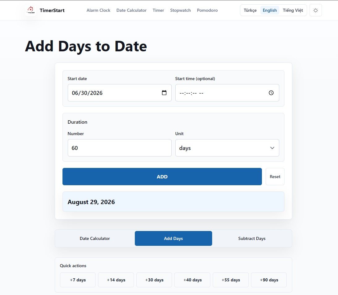 TimerStart Add Days tool showing June 30, 2026 plus 60 days result as August 29, 2026