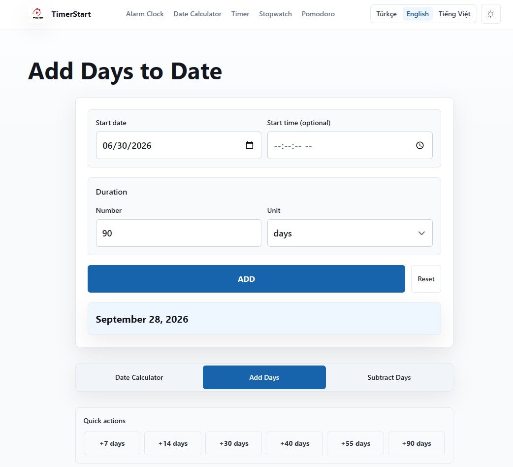 TimerStart Add Days tool showing June 30, 2026 plus 90 days result as September 28, 2026