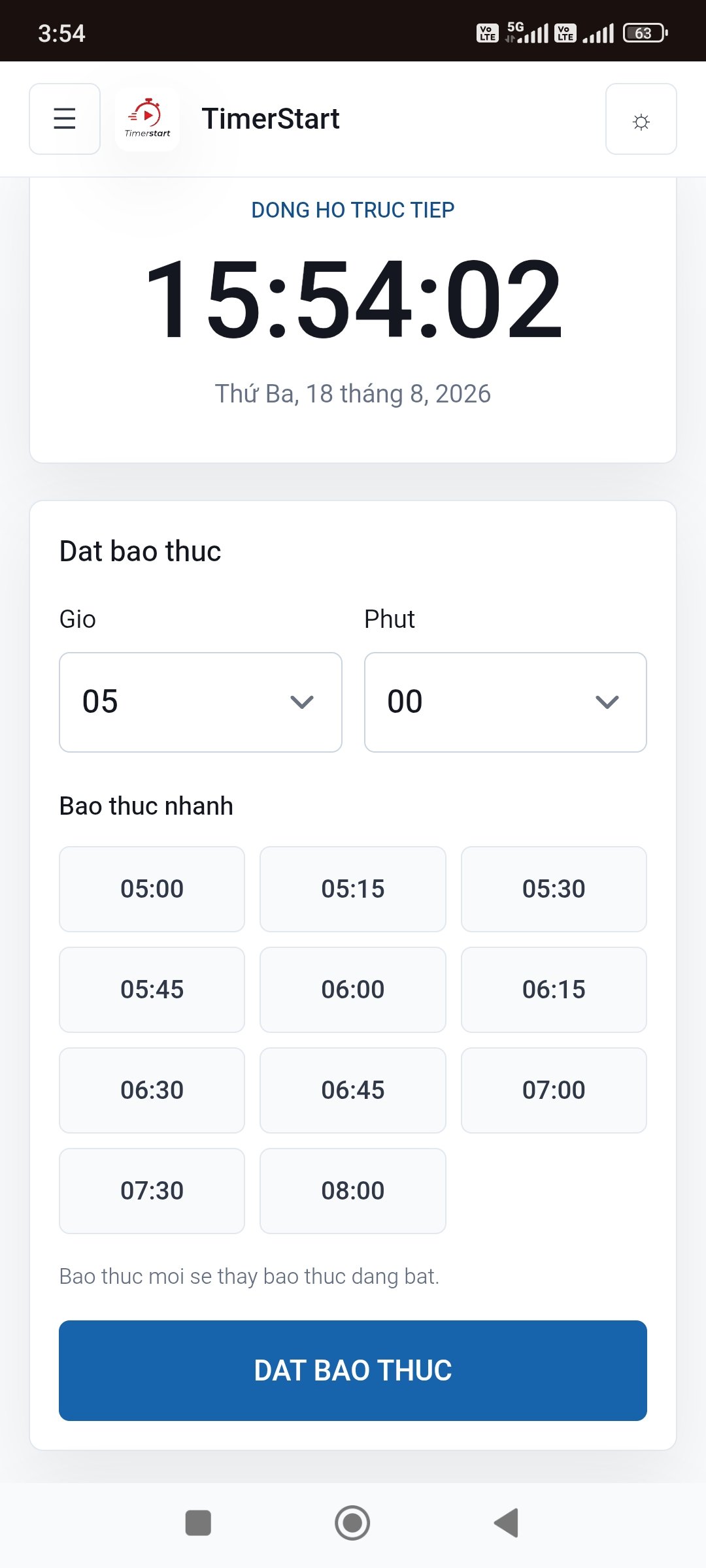 Các nút báo thức nhanh trên TimerStart