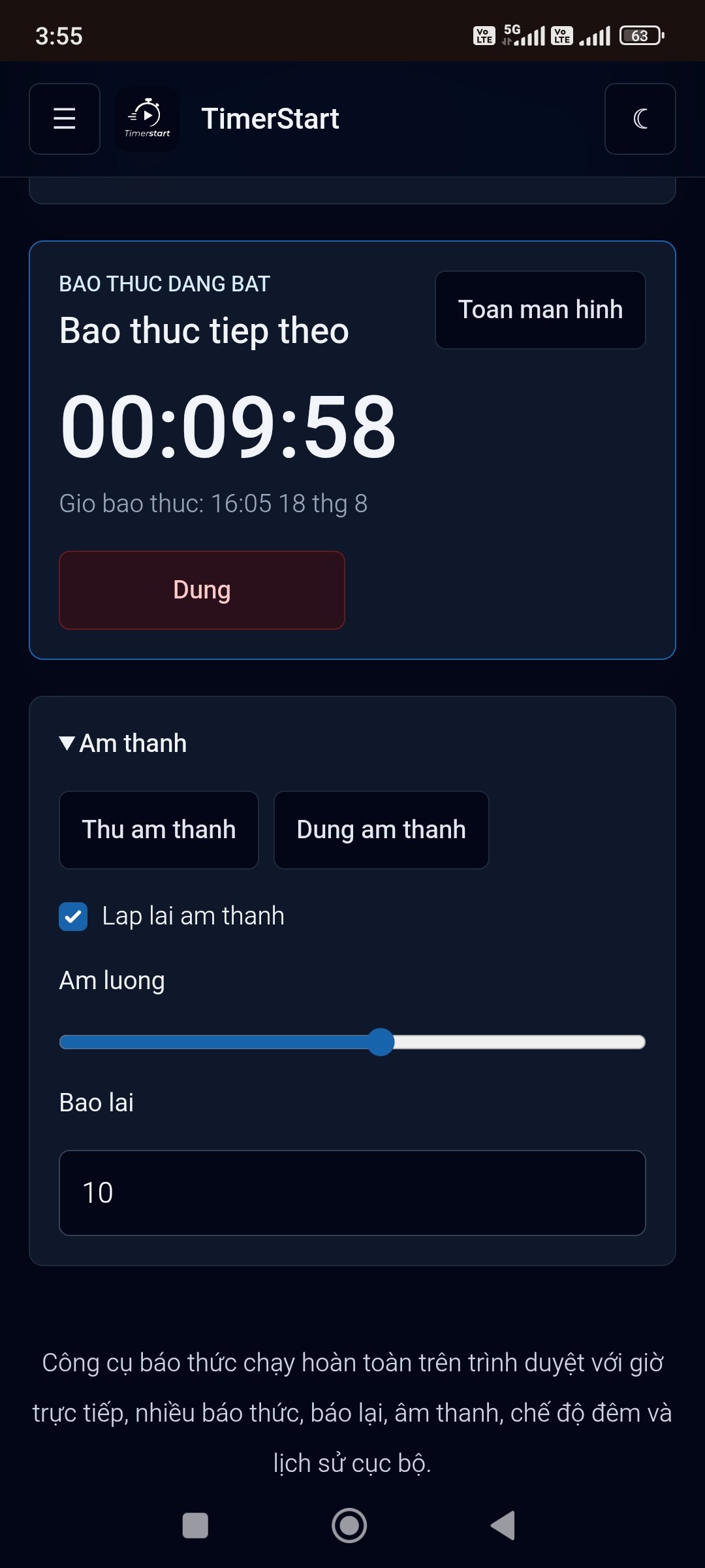 Cài đặt âm thanh cho báo thức TimerStart