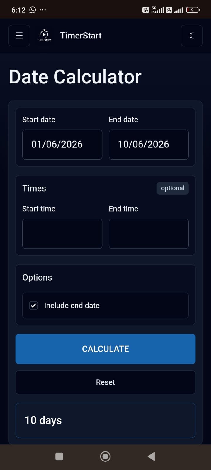 TimerStart date calculator showing June 1, 2026 to June 10, 2026 with include end date selected result as 10 days