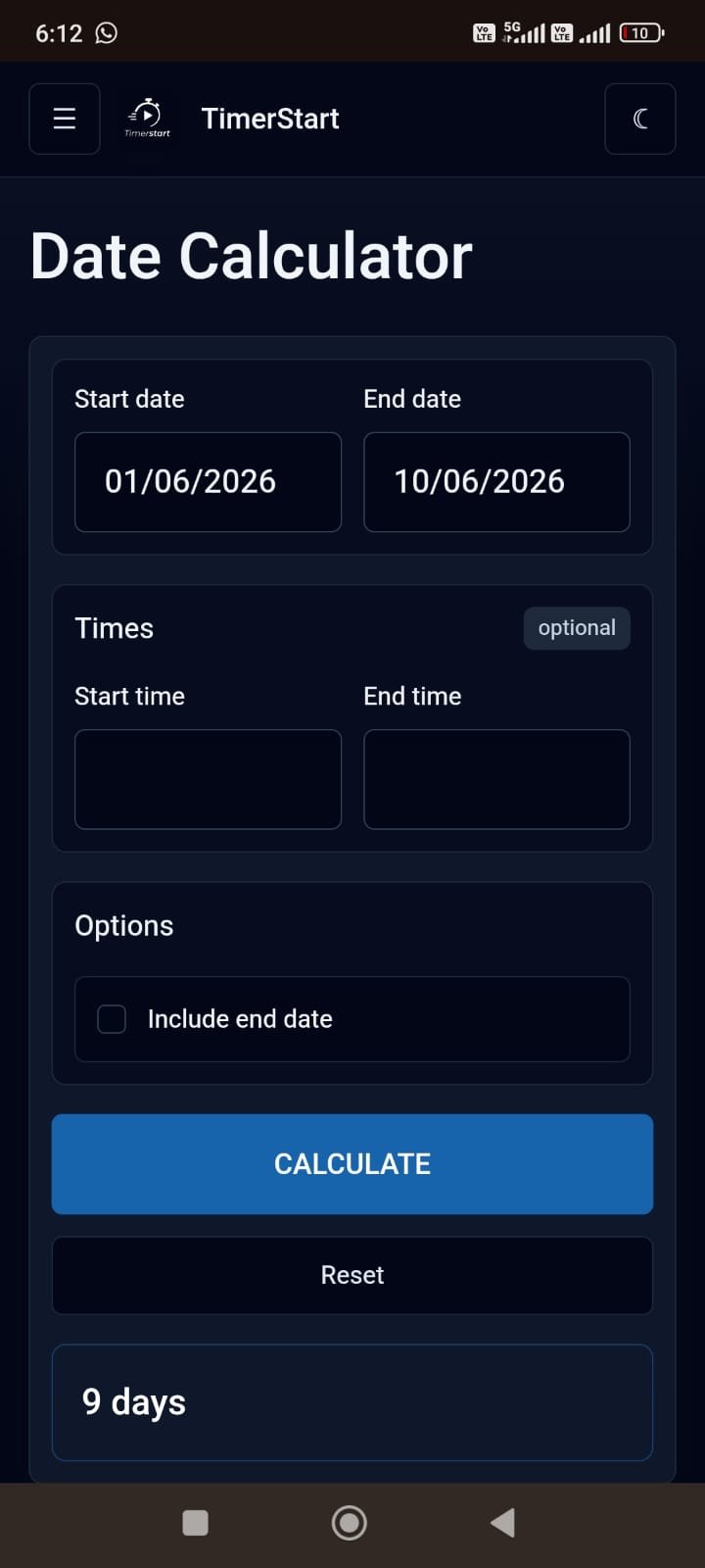 TimerStart date calculator showing June 1, 2026 to June 10, 2026 result as 9 days