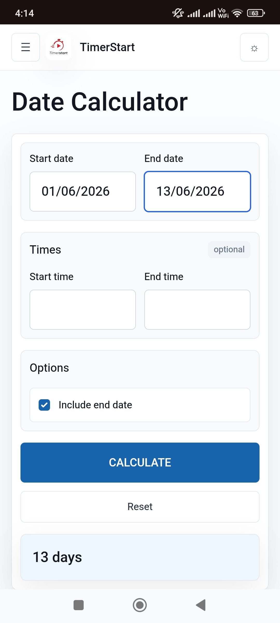 TimerStart Date Calculator showing Include end date selected and a 13 days result