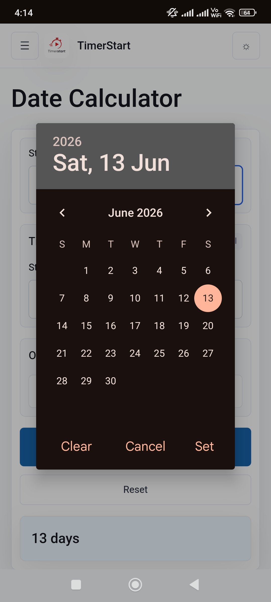 TimerStart Date Calculator showing the date picker for June 13, 2026