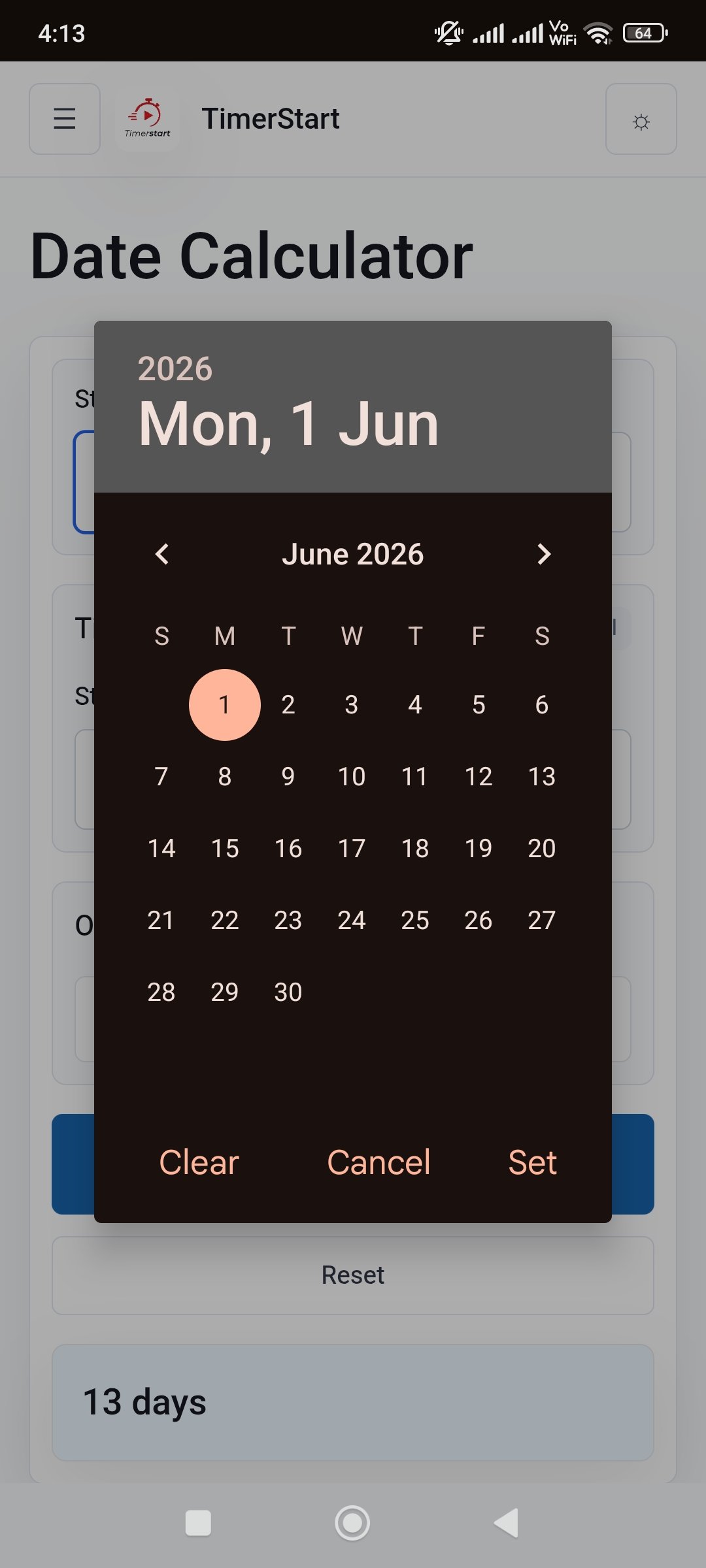 TimerStart Date Calculator showing the date picker for June 1, 2026