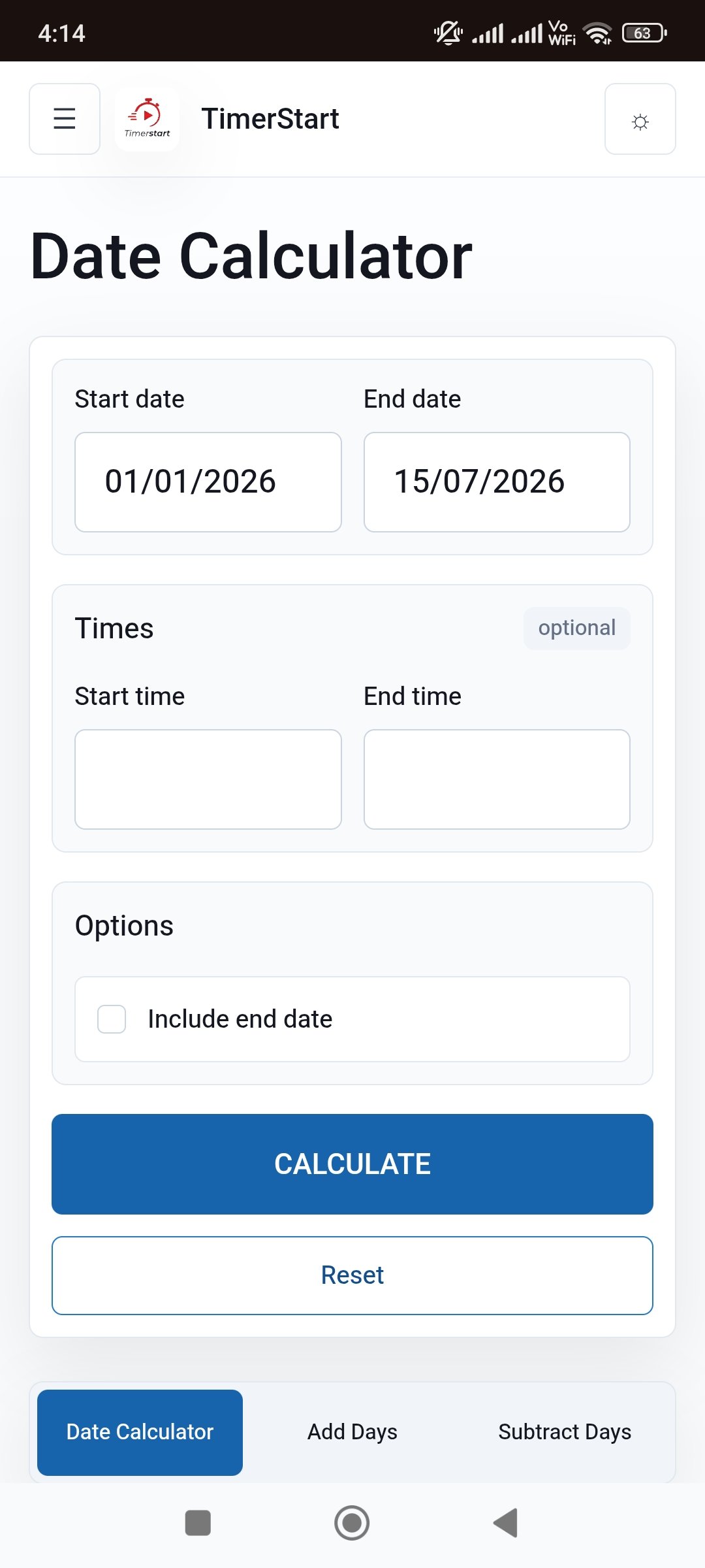 TimerStart Date Calculator with start date January 1, 2026 and end date July 15, 2026