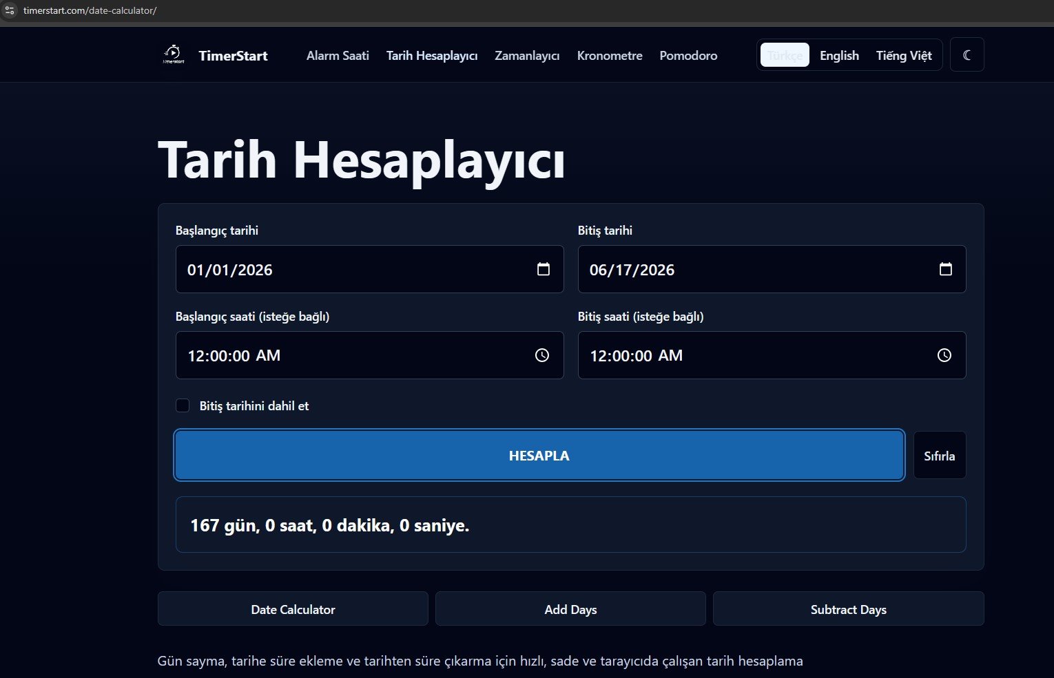 TimerStart tarih hesaplayıcı ekranı