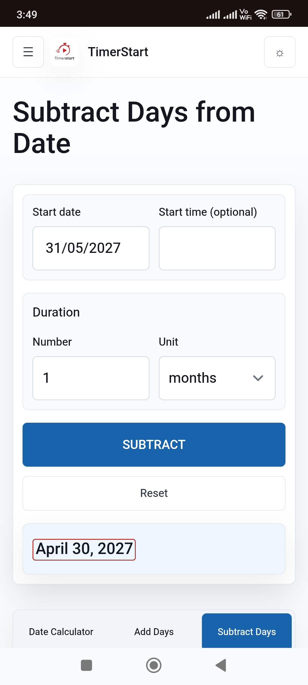 TimerStart Subtract Days calculator showing May 31, 2027 minus 1 month equals April 30, 2027