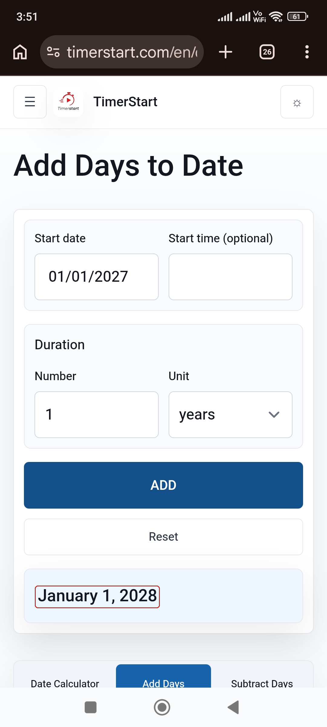 TimerStart Add Days calculator showing January 1, 2027 plus 1 year equals January 1, 2028