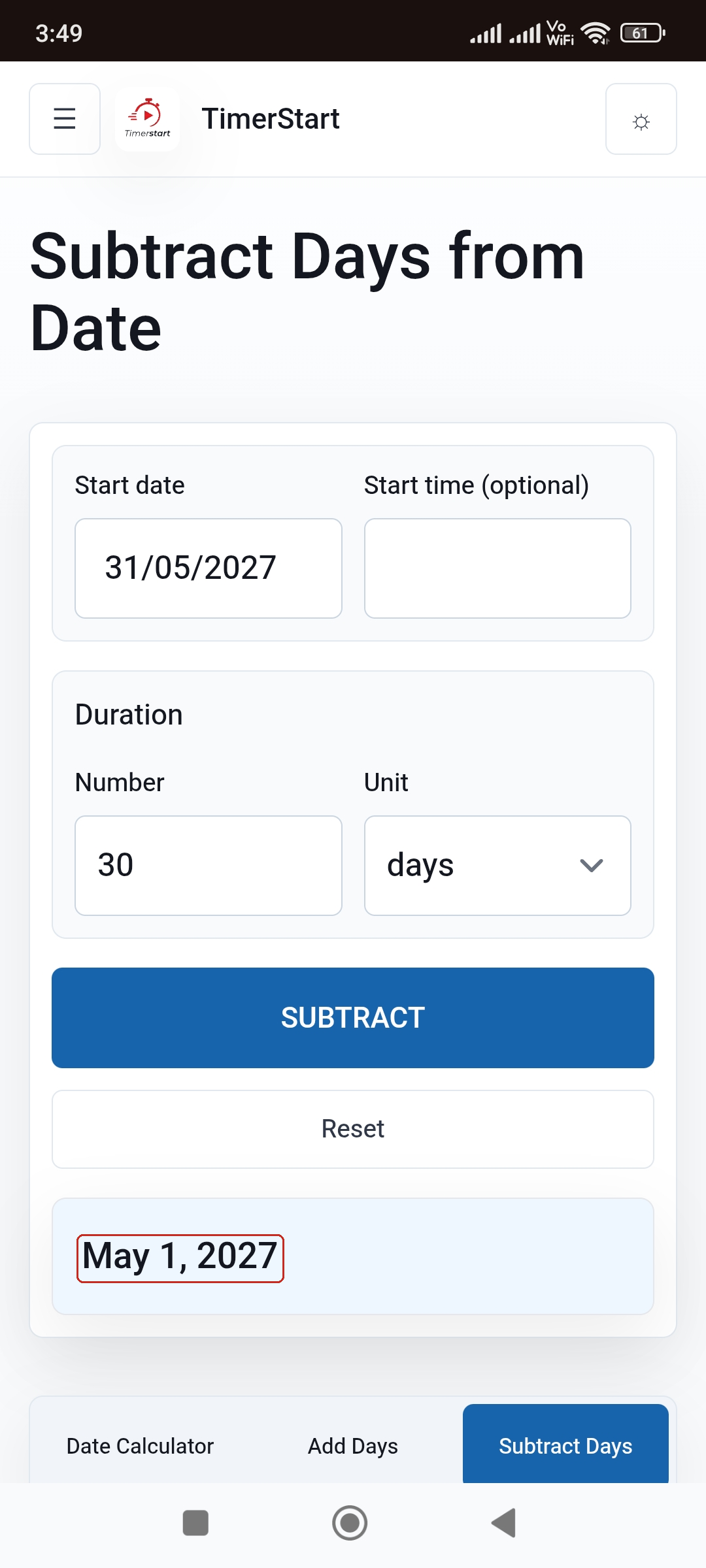 TimerStart Subtract Days calculator showing May 31, 2027 minus 30 days equals May 1, 2027