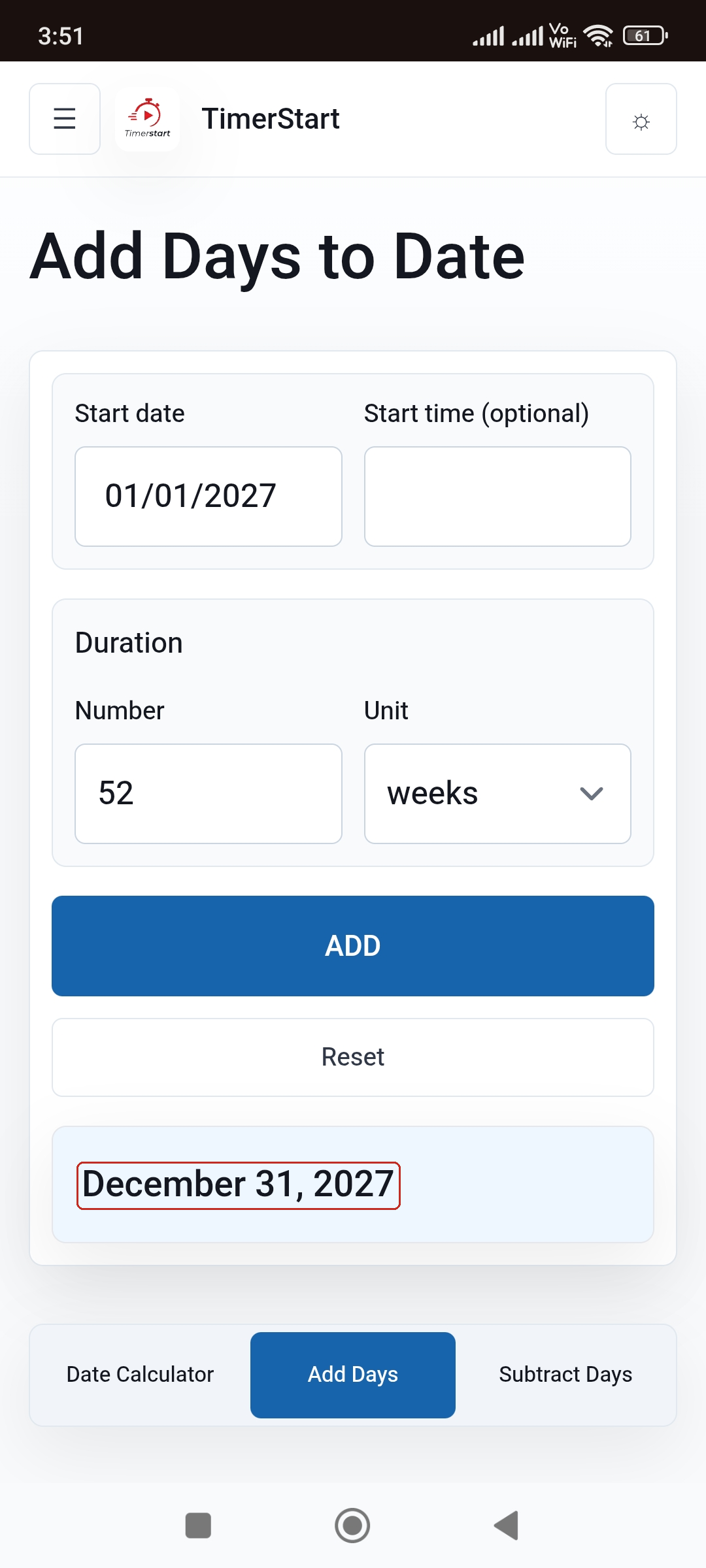 TimerStart Add Days calculator showing January 1, 2027 plus 52 weeks equals December 31, 2027