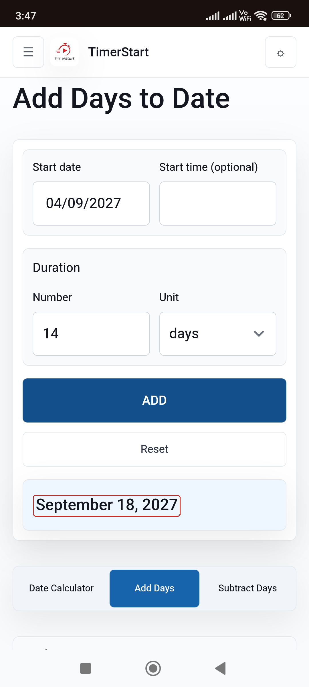 TimerStart Add Days calculator showing September 4, 2027 plus 14 days equals September 18, 2027