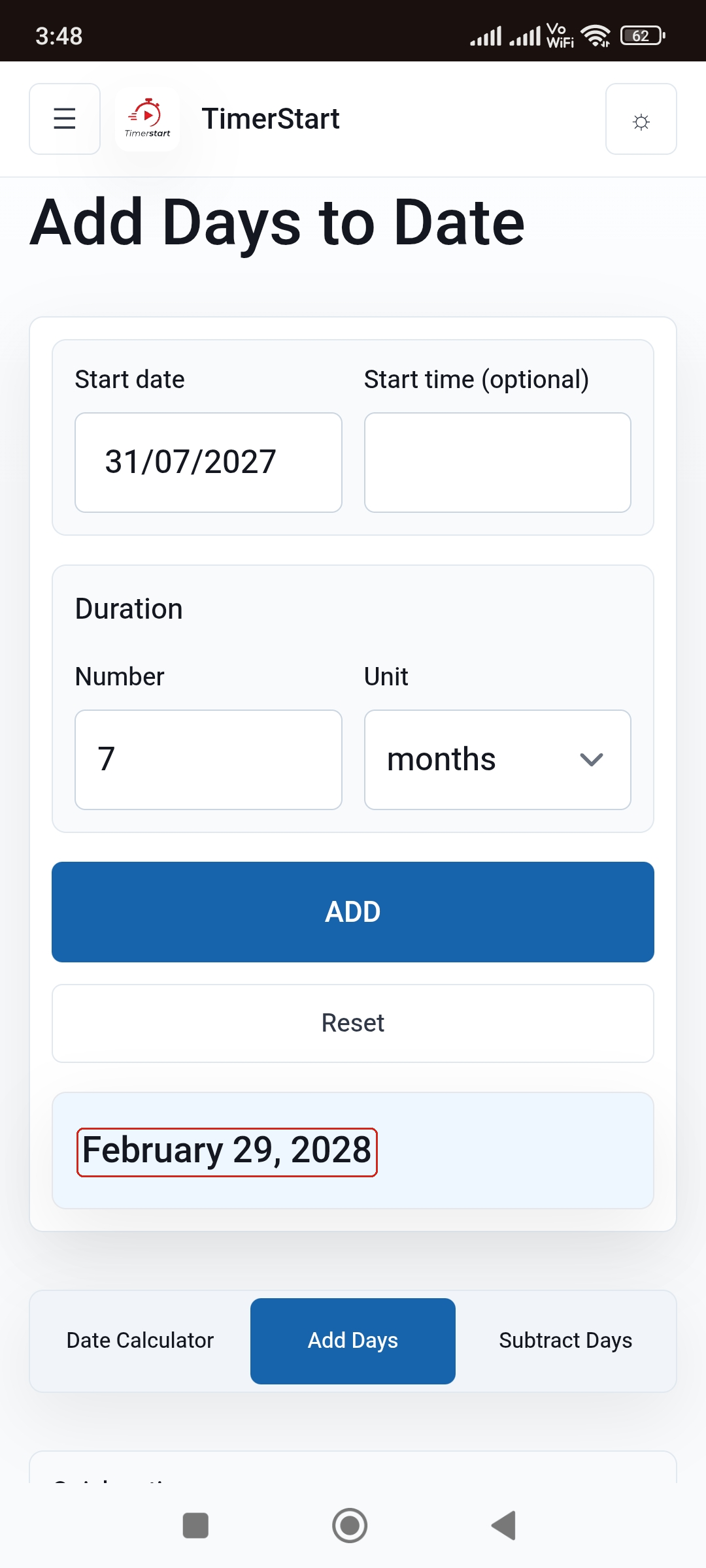 TimerStart Add Days calculator showing July 31, 2027 plus 7 months equals February 29, 2028