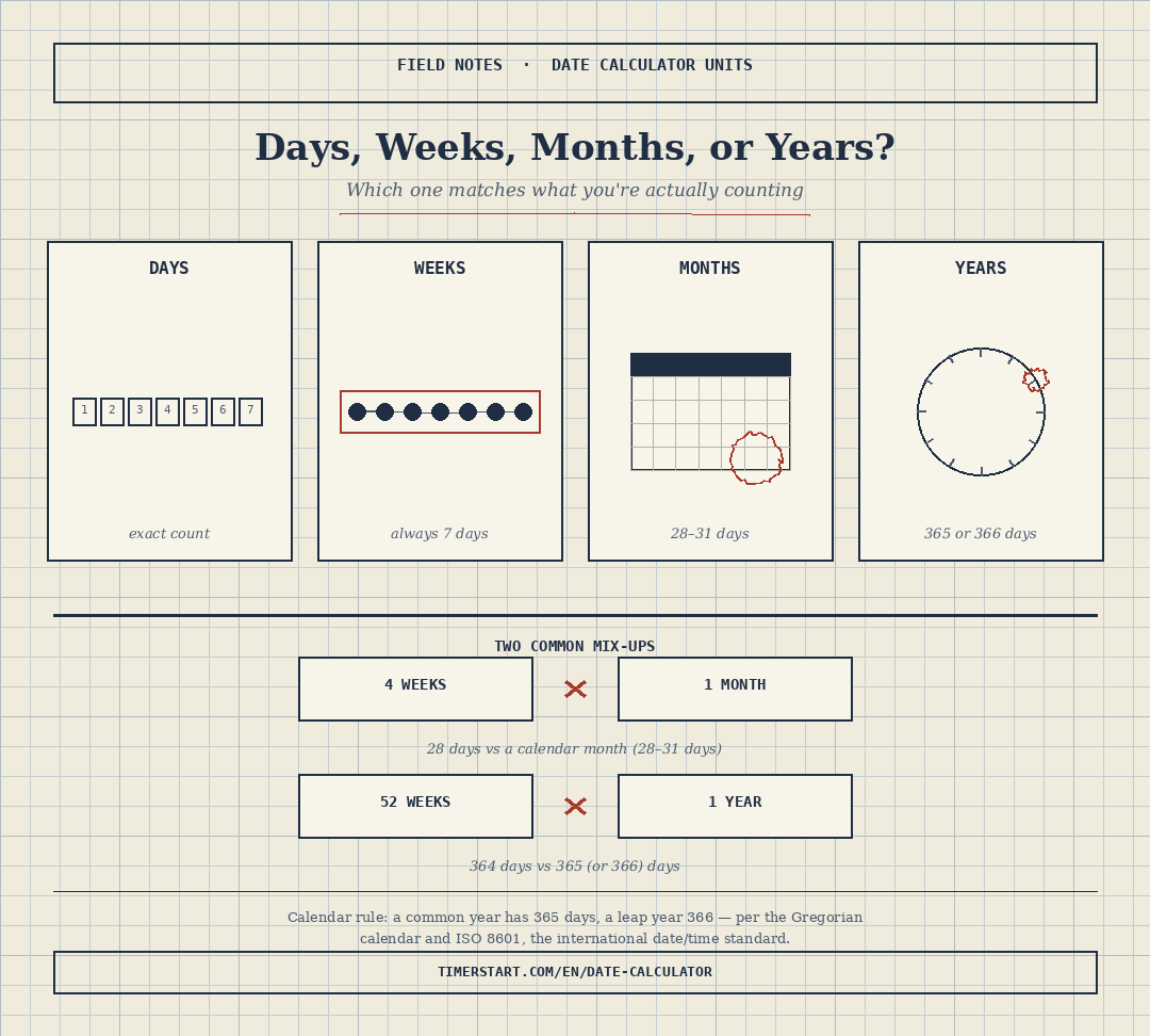 Infographic comparing days, weeks, months, and years as date calculator units