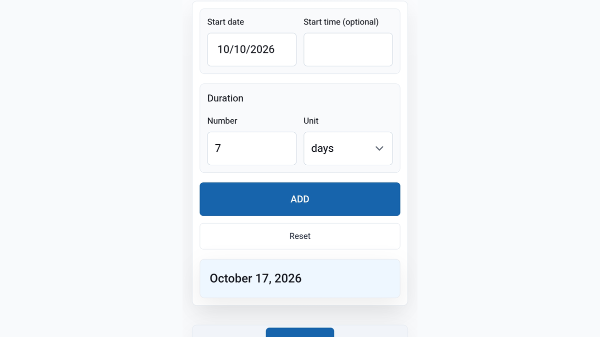 TimerStart Add Days calculator showing October 10, 2026 plus 7 days result as October 17, 2026