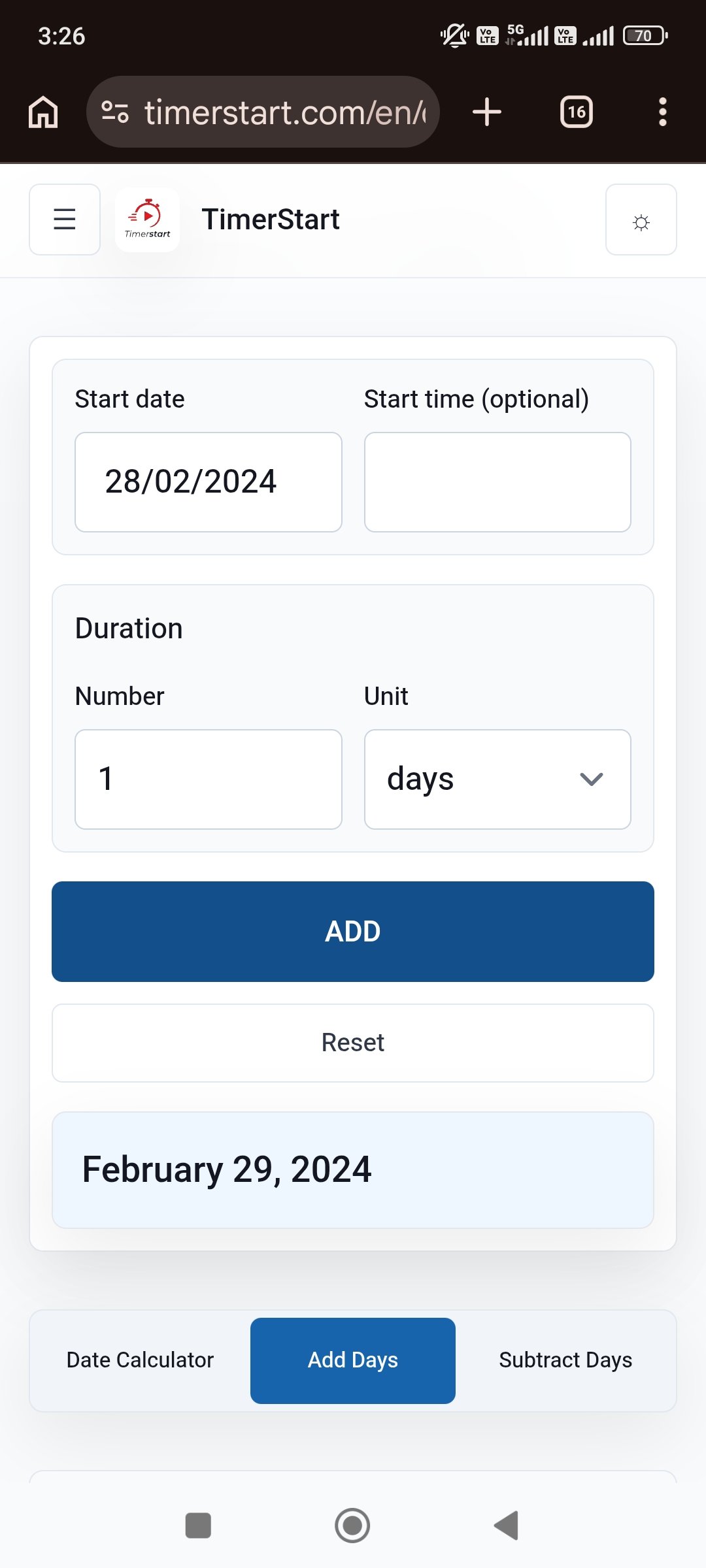 TimerStart Add Days calculator showing February 28, 2024 plus 1 day result as February 29, 2024