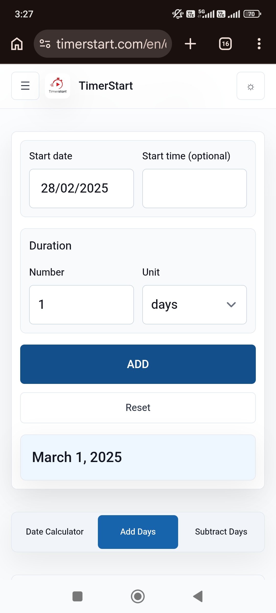 TimerStart Add Days calculator showing February 28, 2025 plus 1 day result as March 1, 2025