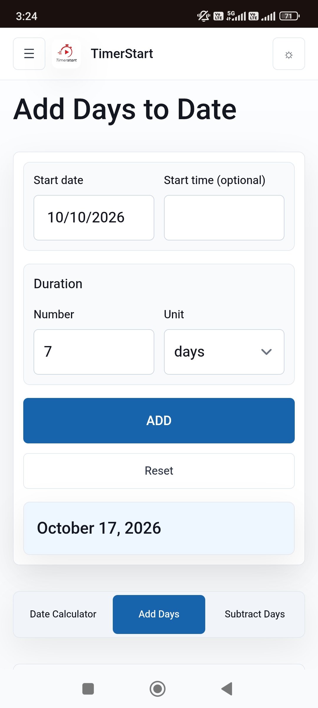 TimerStart Add Days calculator showing October 10, 2026 plus 7 days result as October 17, 2026