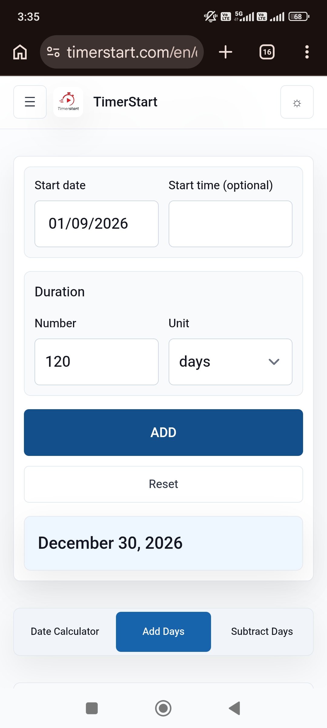 TimerStart Add Days calculator showing September 1, 2026 plus 120 days result as December 30, 2026