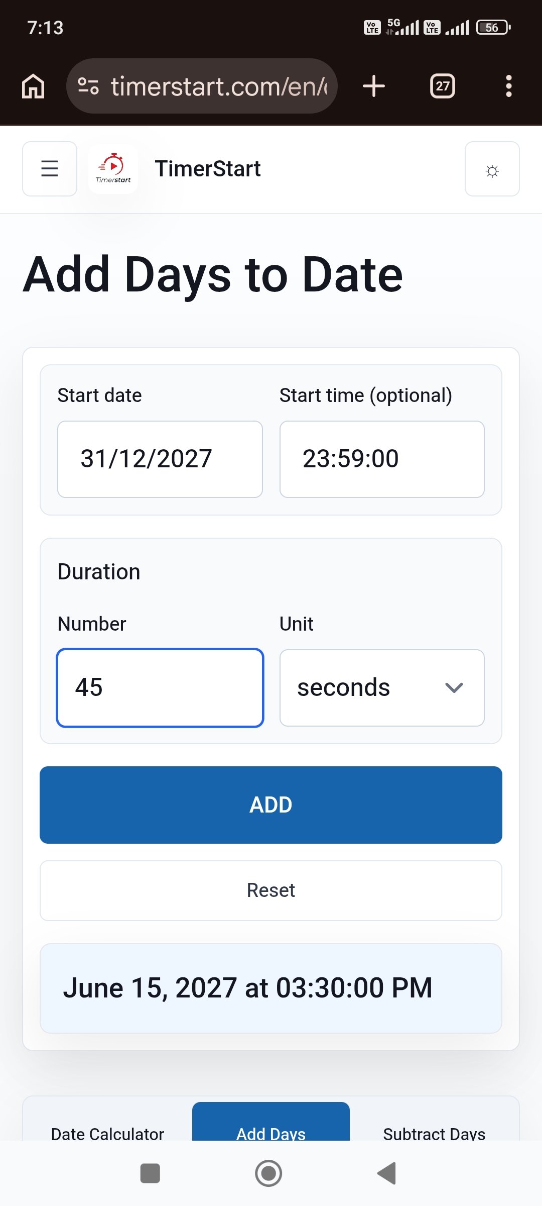 TimerStart Add Days calculator prepared with December 31, 2027 at 23:59:00 and 45 seconds