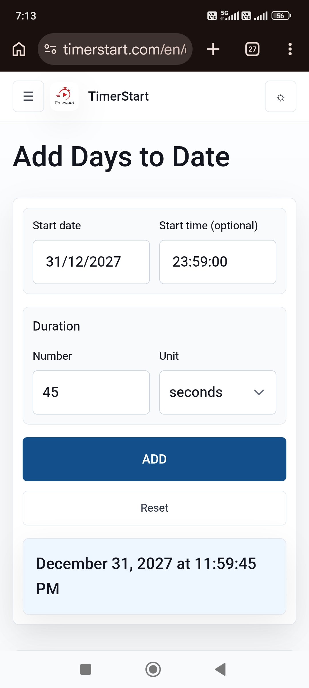 TimerStart Add Days calculator showing December 31, 2027 at 11:59:45 PM after adding 45 seconds