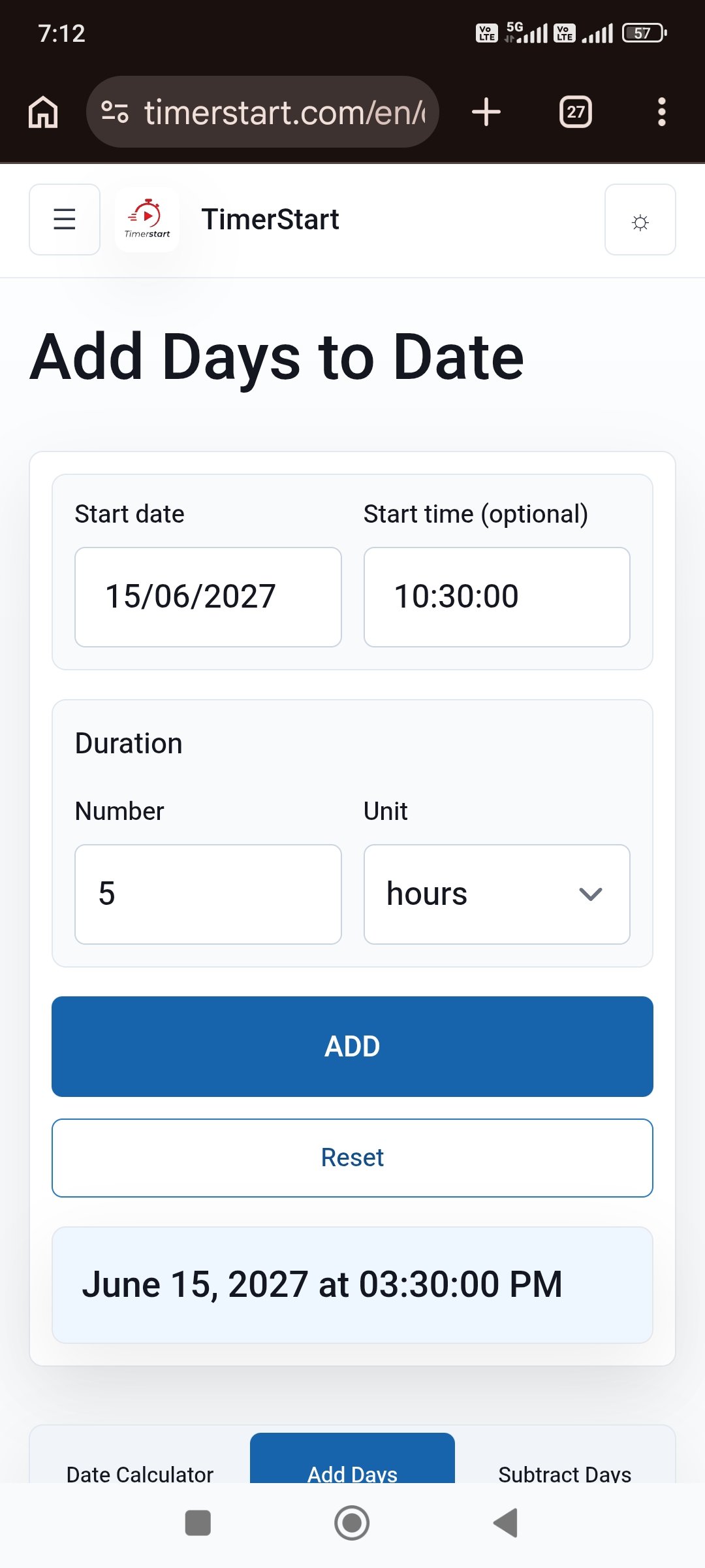 TimerStart Add Days calculator showing June 15, 2027 at 03:30:00 PM after adding 5 hours
