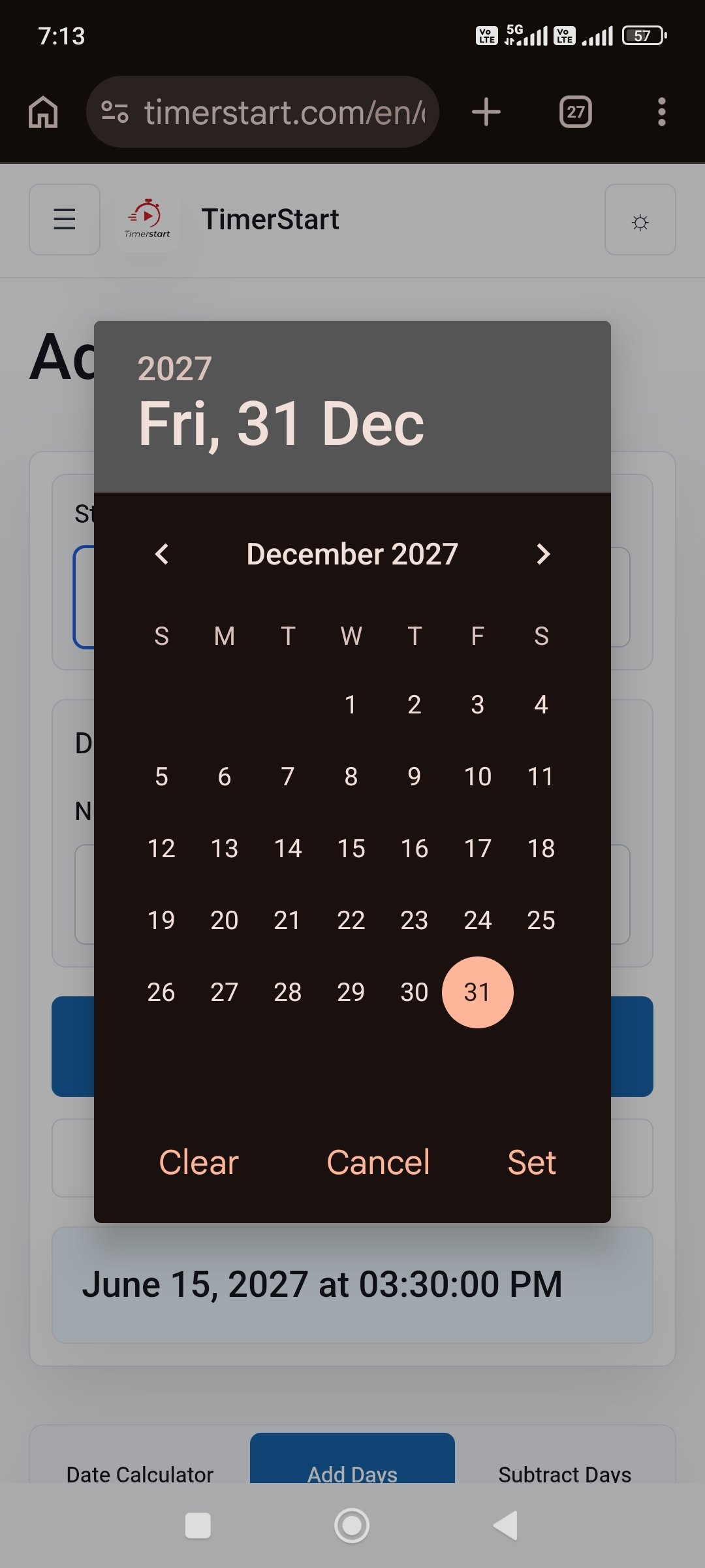 TimerStart Add Days calculator date picker selecting December 31, 2027