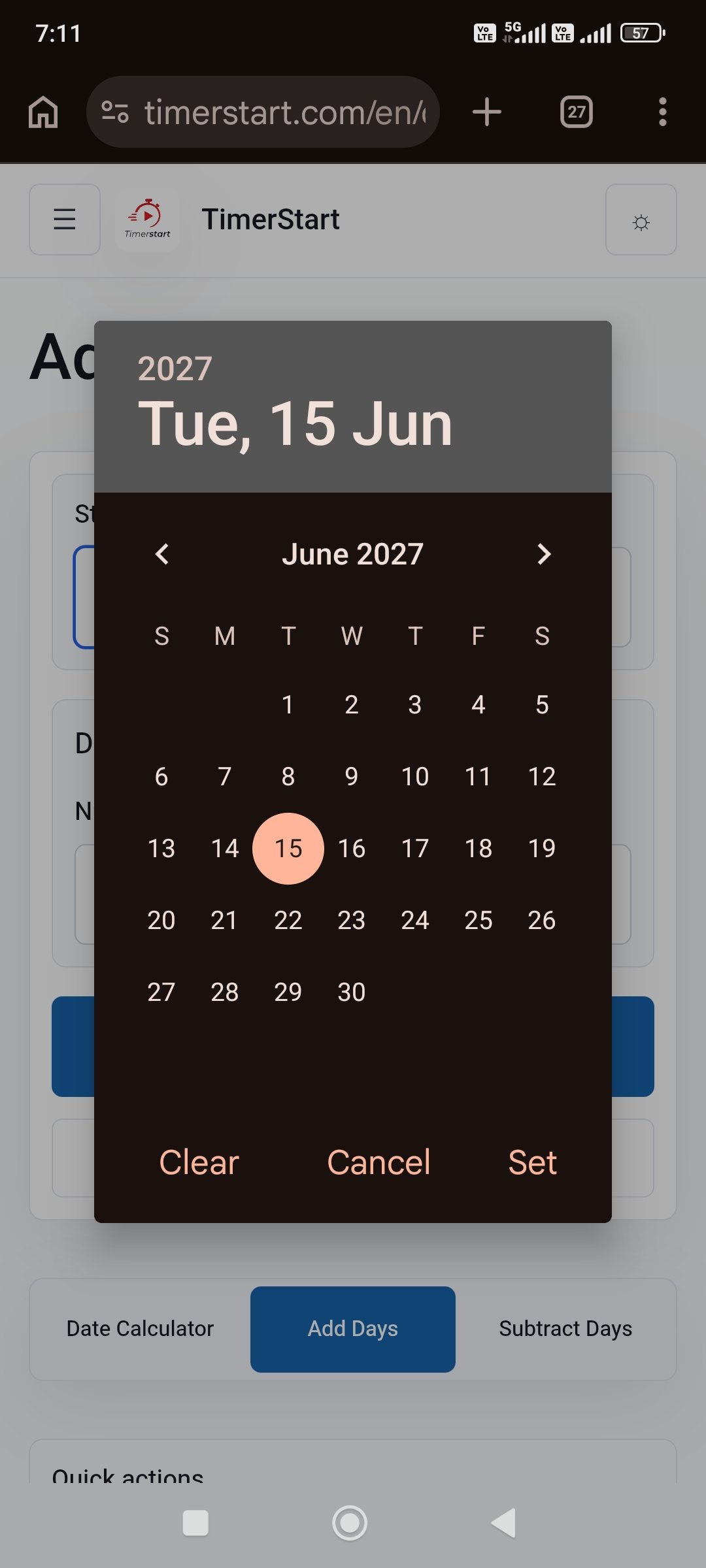 TimerStart Add Days calculator date picker selecting June 15, 2027