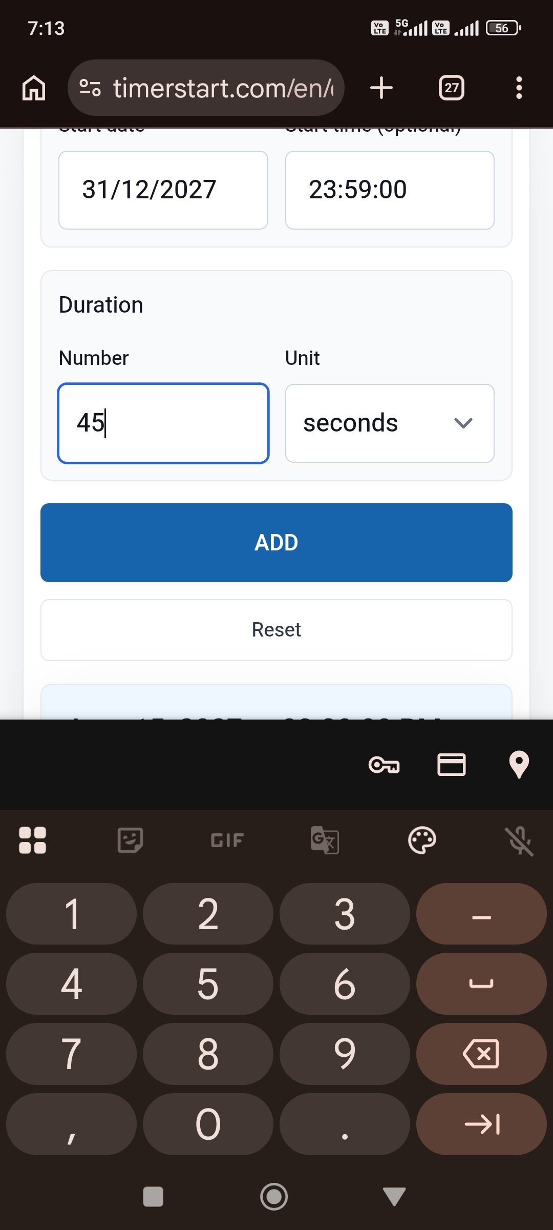 TimerStart Add Days calculator with 45 seconds entered