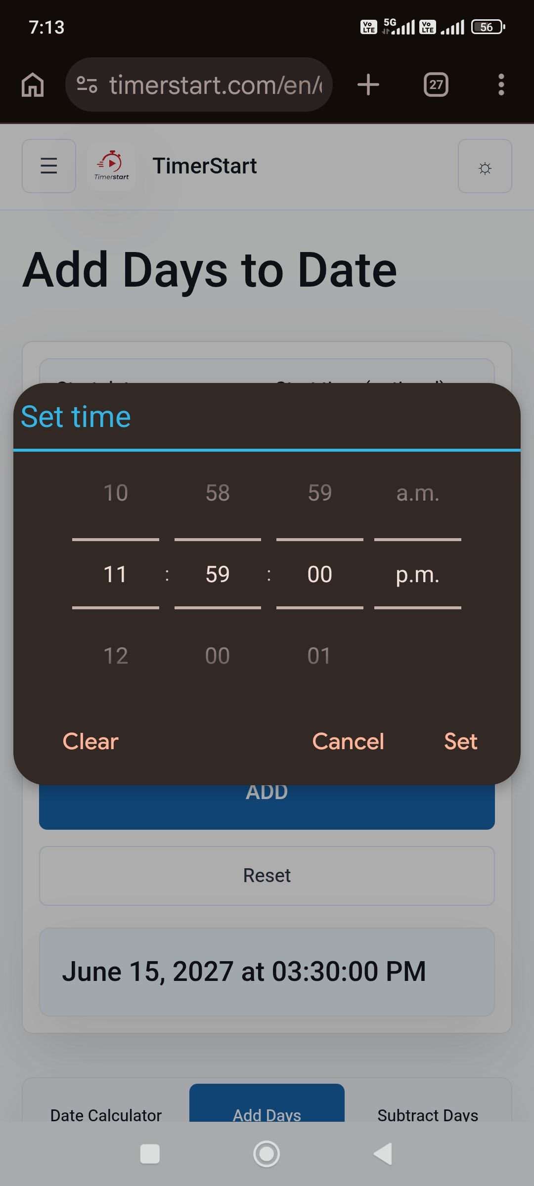 TimerStart time picker setting 11:59 PM