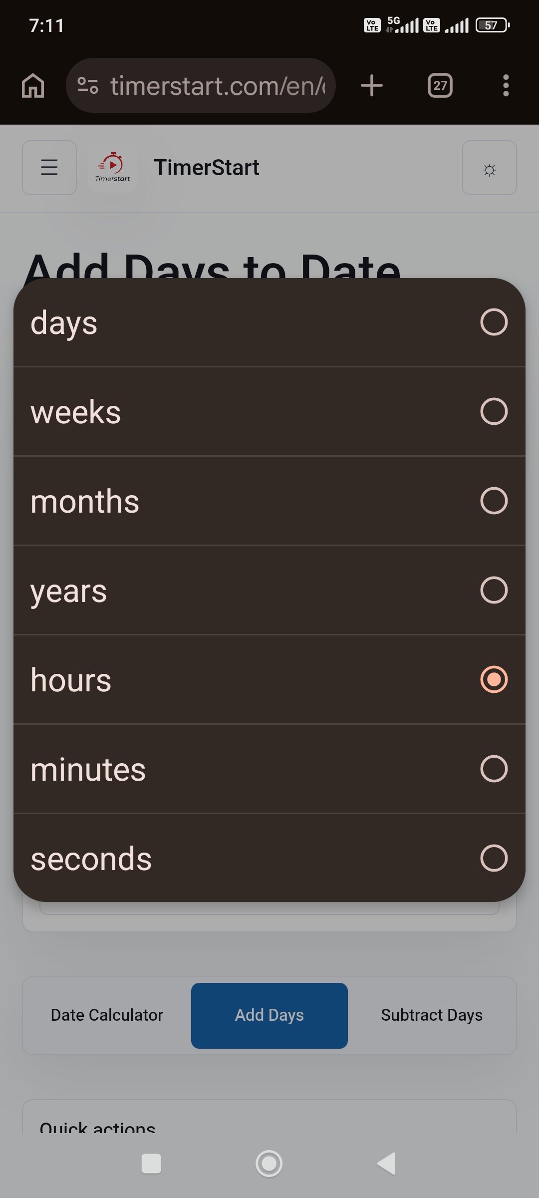 TimerStart Add Days calculator unit menu with hours selected