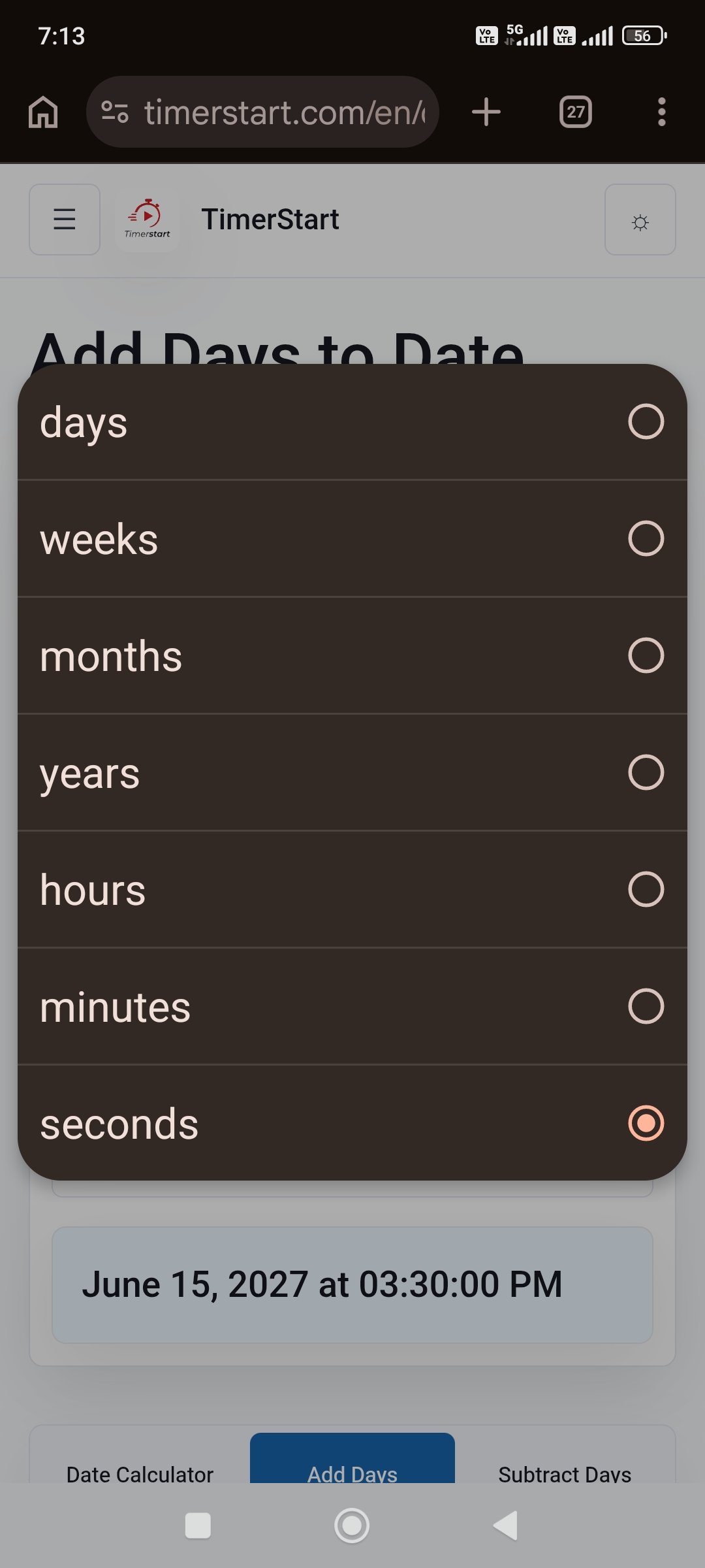 TimerStart Add Days calculator unit menu with seconds selected