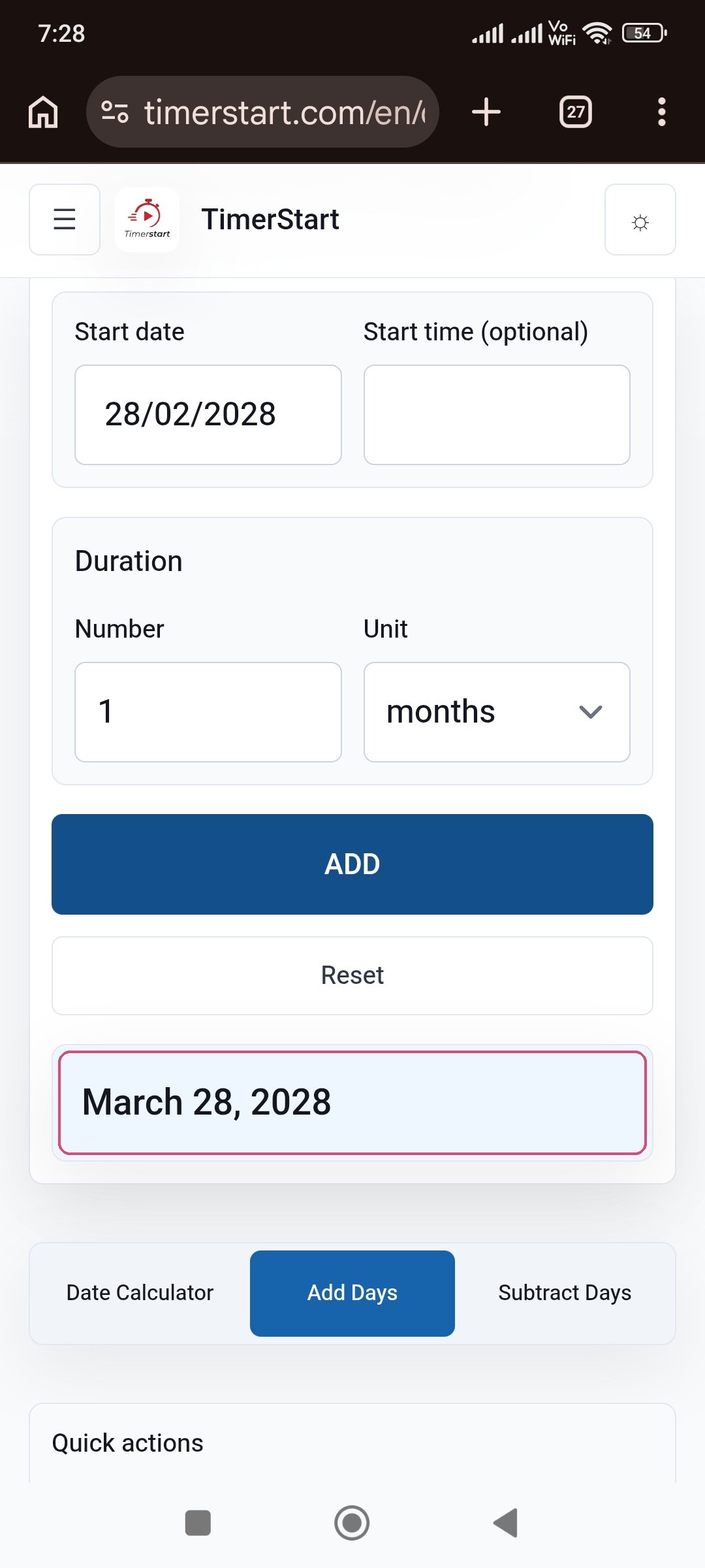 TimerStart Add Days calculator showing February 28, 2028 plus 1 month result as March 28, 2028