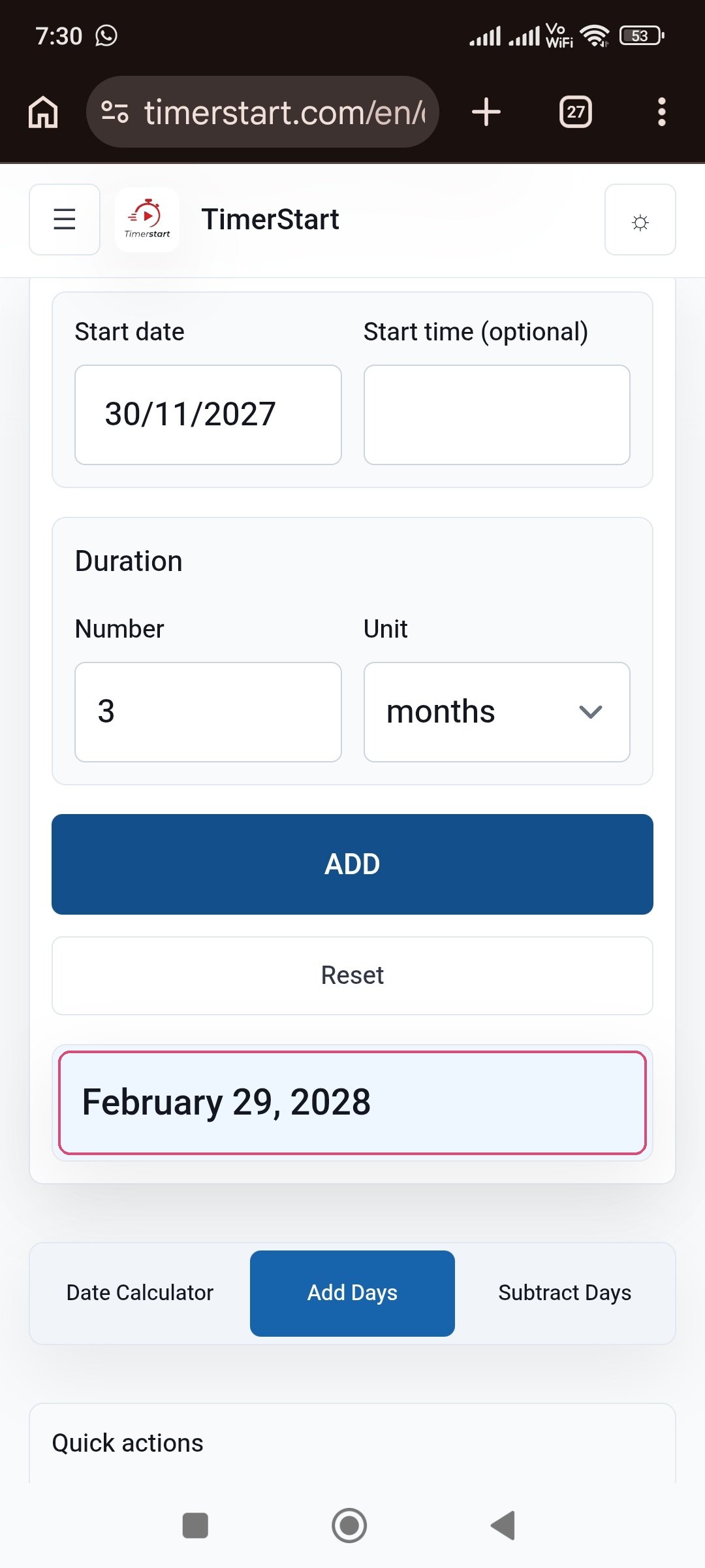 TimerStart Add Days calculator showing November 30, 2027 plus 3 months result as February 29, 2028