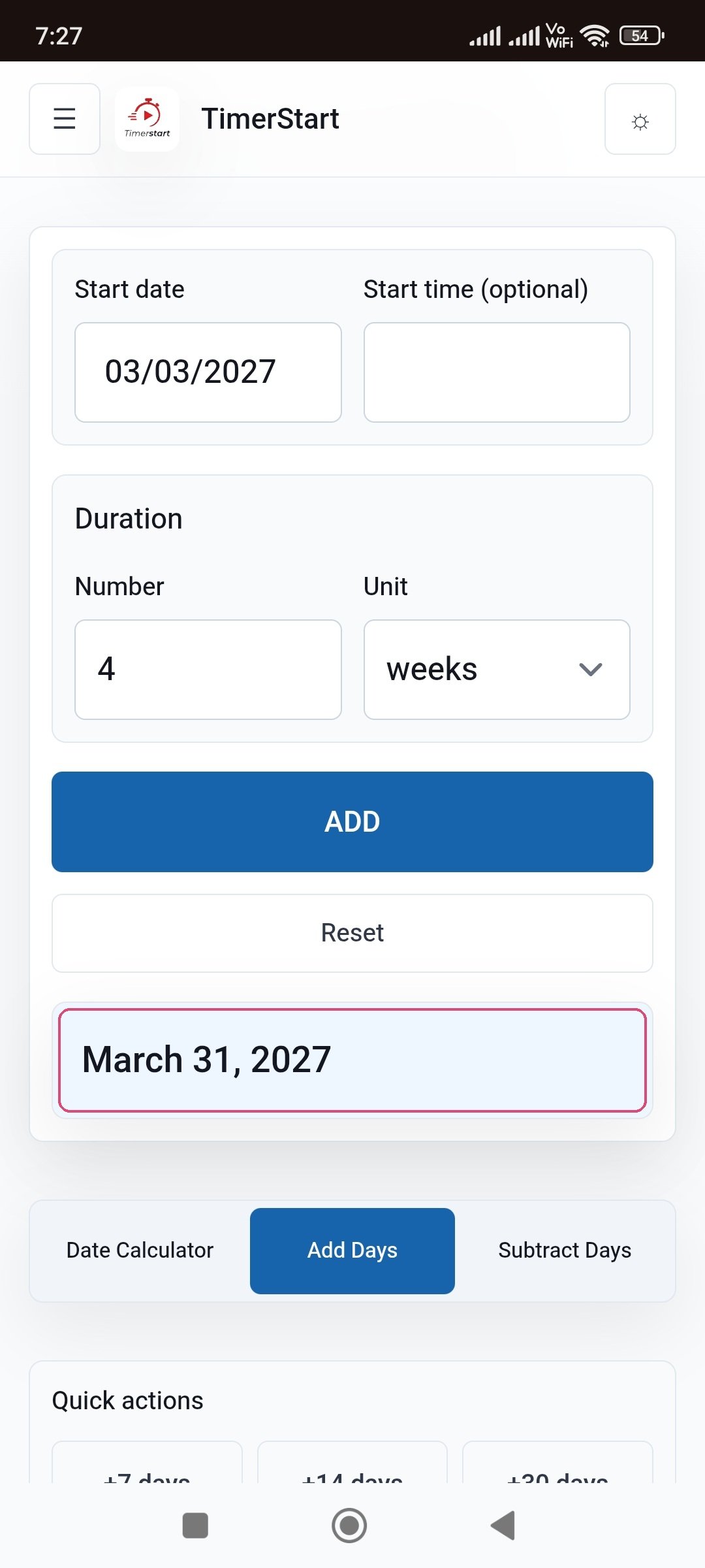 TimerStart Add Days calculator showing March 3, 2027 plus 4 weeks result as March 31, 2027