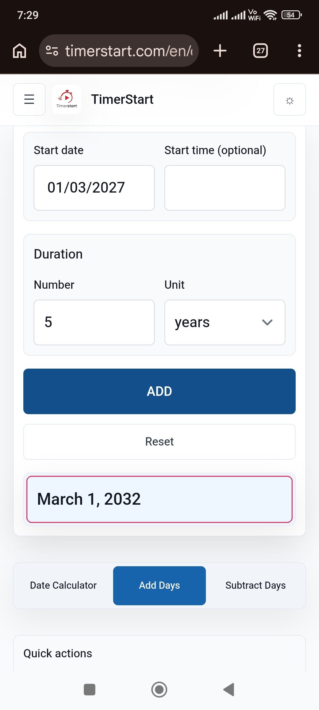 TimerStart Add Days calculator showing March 1, 2027 plus 5 years result as March 1, 2032