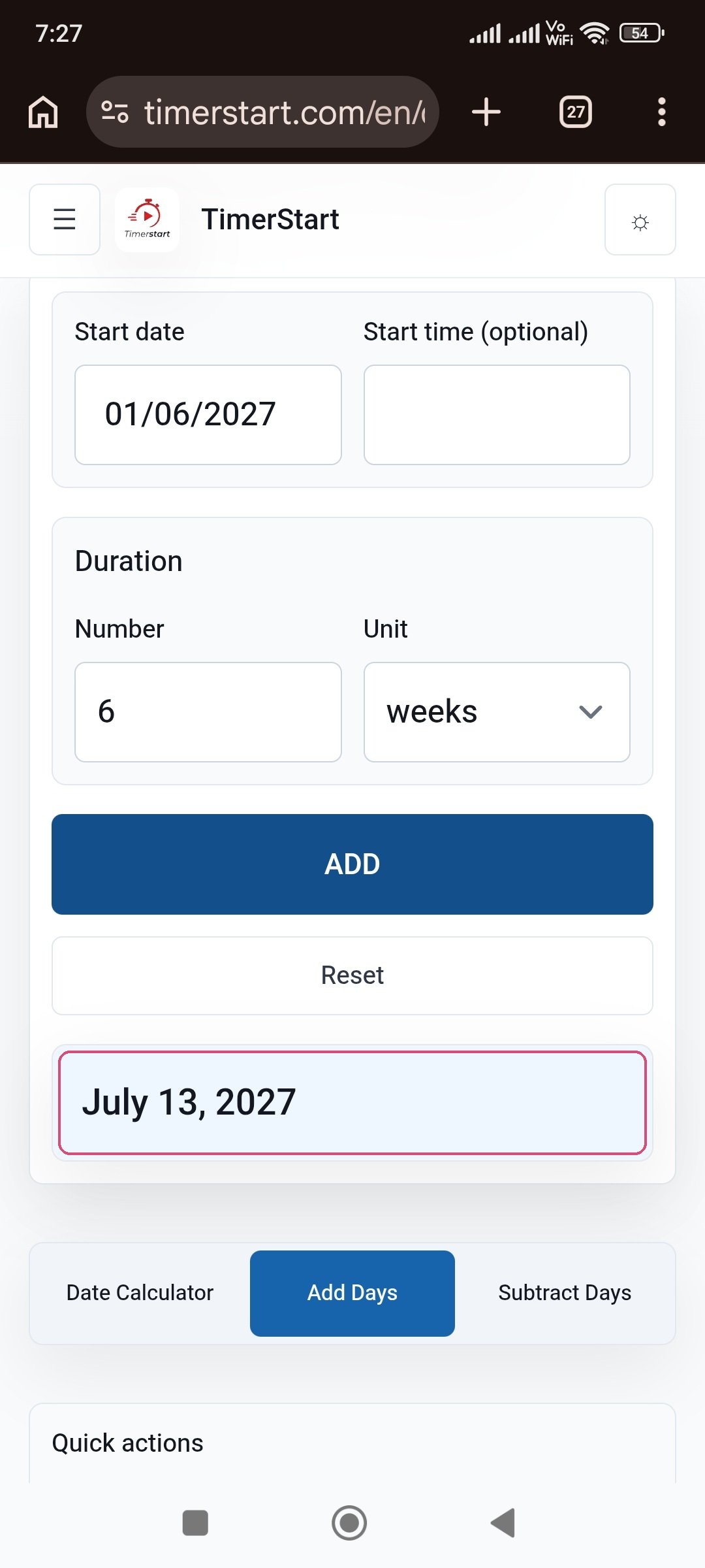 TimerStart Add Days calculator showing June 1, 2027 plus 6 weeks result as July 13, 2027