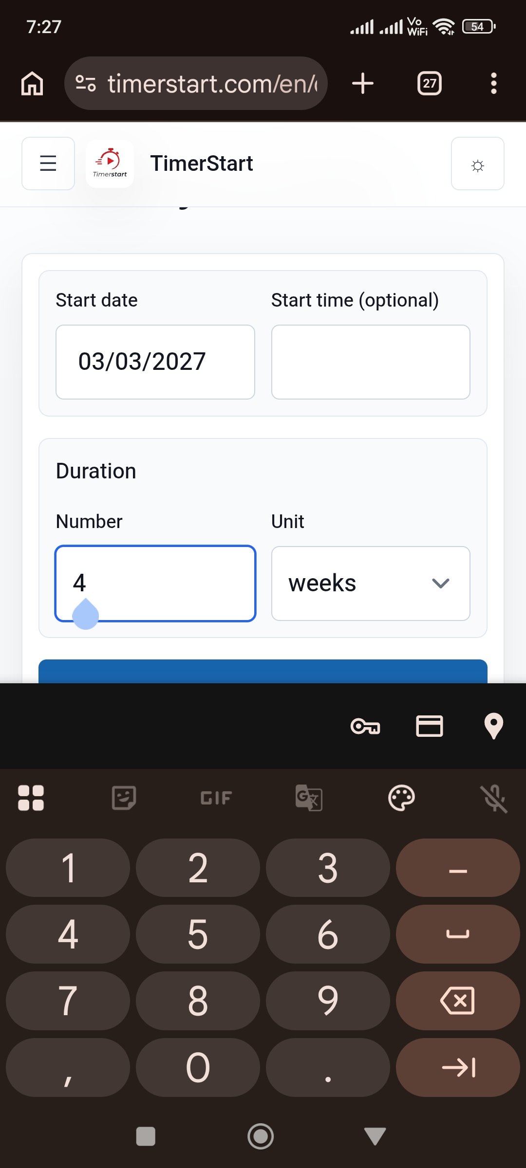 TimerStart Add Days calculator entering 4 as the duration number