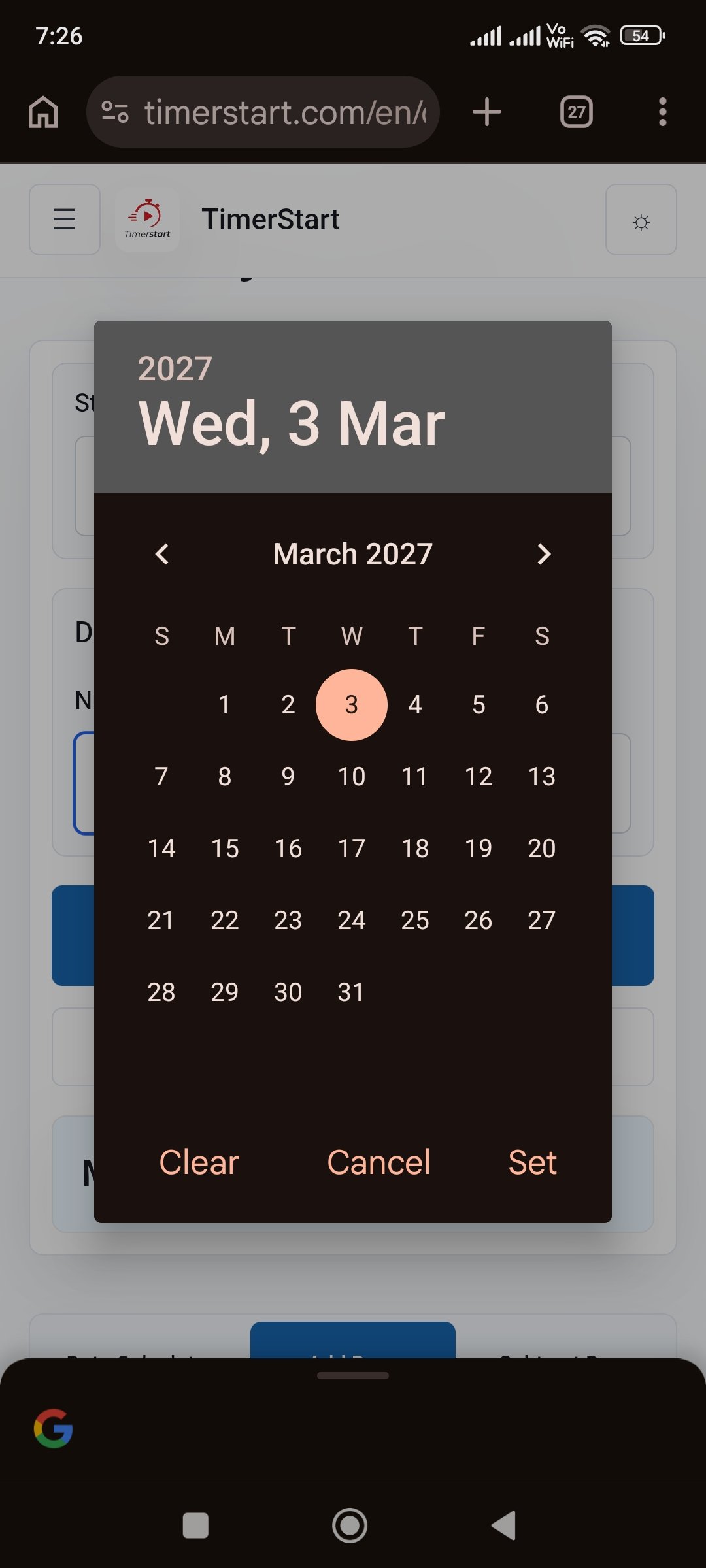 TimerStart Add Days calculator date picker selecting March 3, 2027 as the starting date