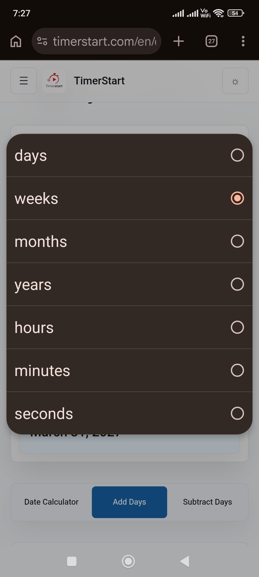 TimerStart Add Days calculator unit selector showing weeks selected