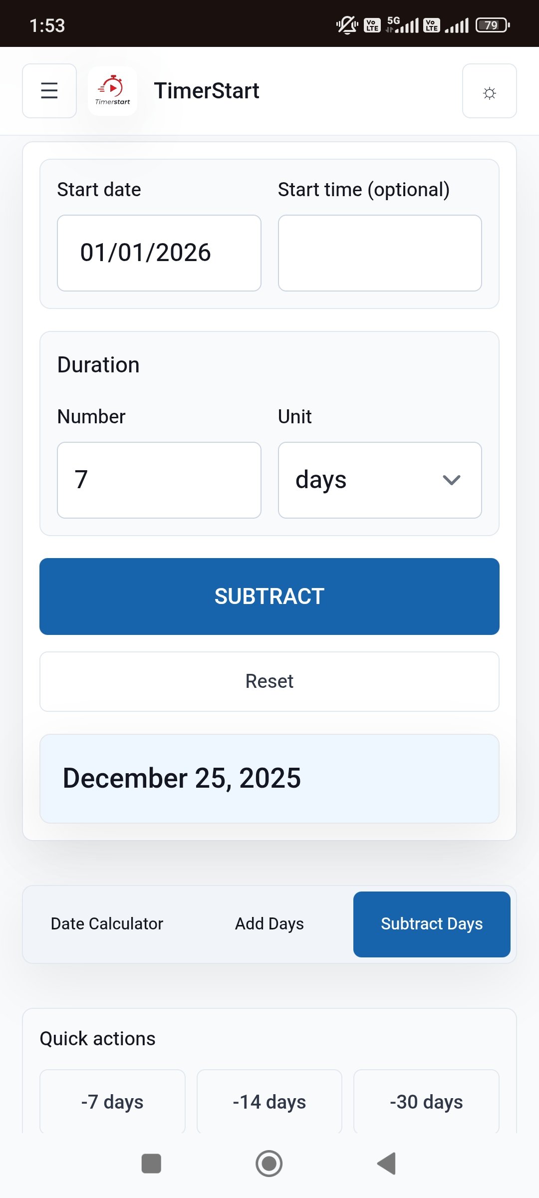 TimerStart Subtract Days calculator showing January 1, 2026 minus 7 days result