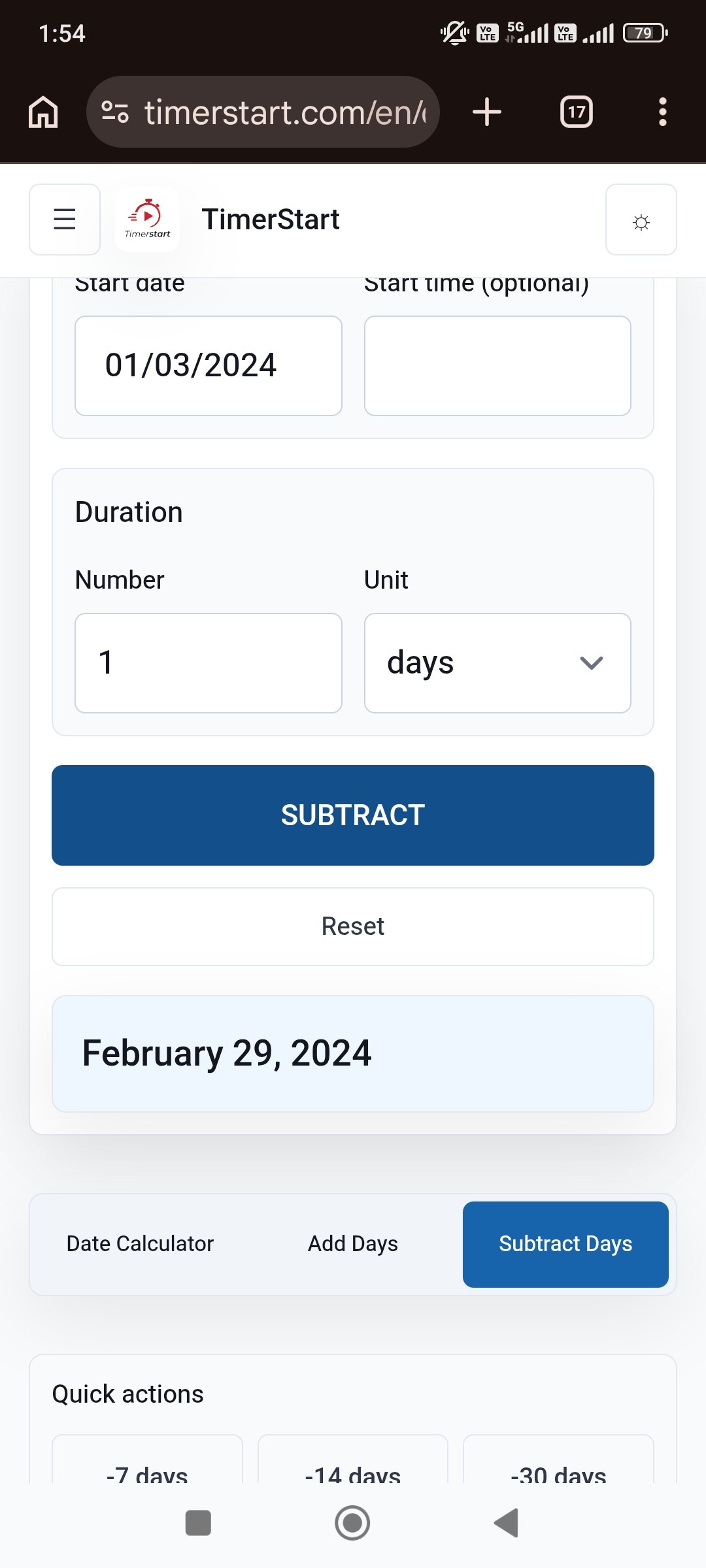 TimerStart Subtract Days calculator showing March 1, 2024 minus 1 day result as February 29, 2024
