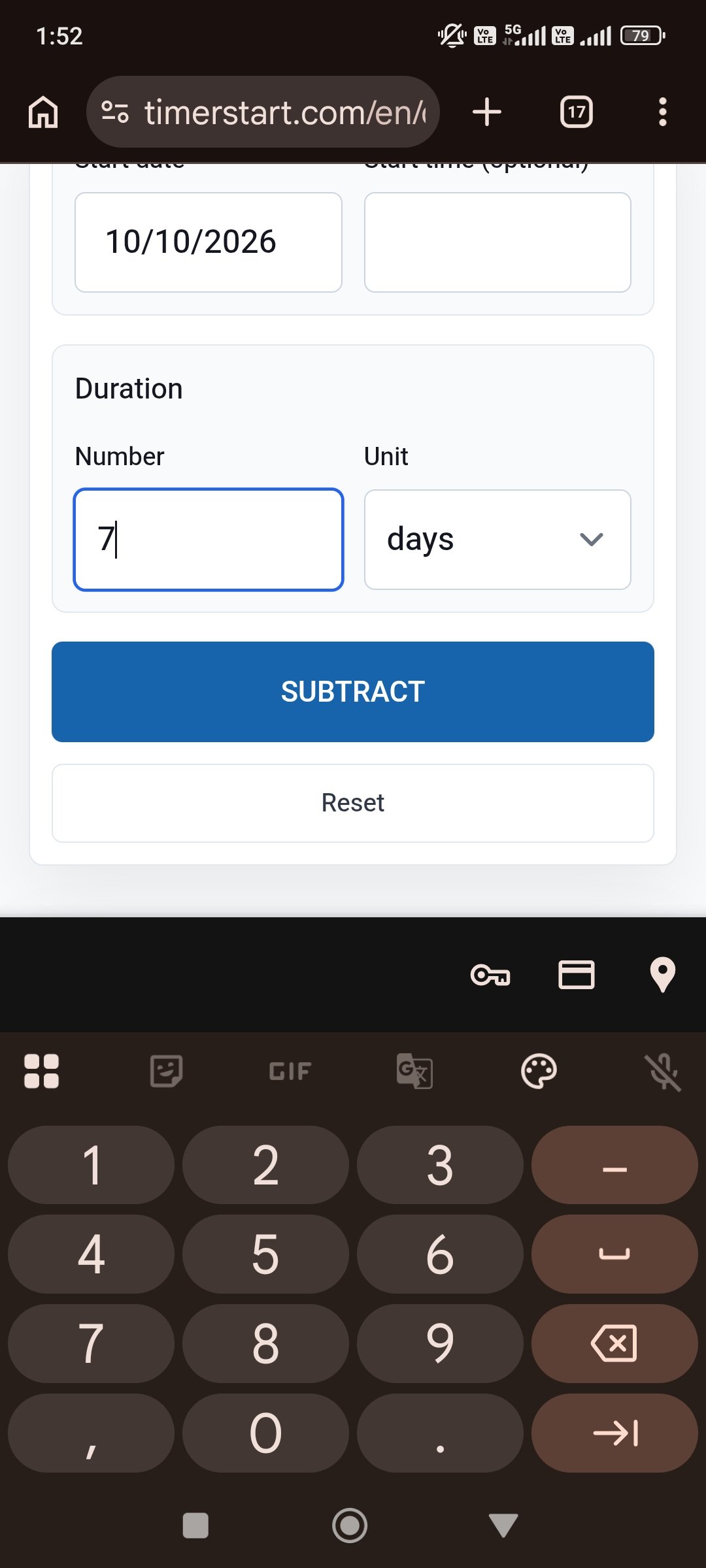 TimerStart Subtract Days calculator with 7 days entered as the duration