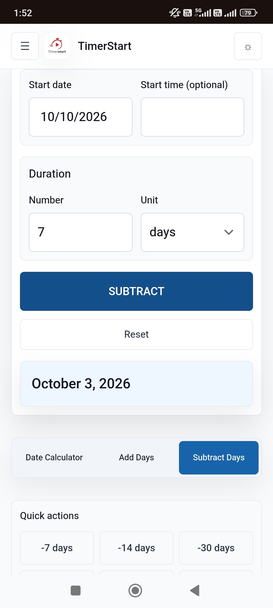 TimerStart Subtract Days calculator showing October 3, 2026 as the result after subtracting 7 days from October 10, 2026